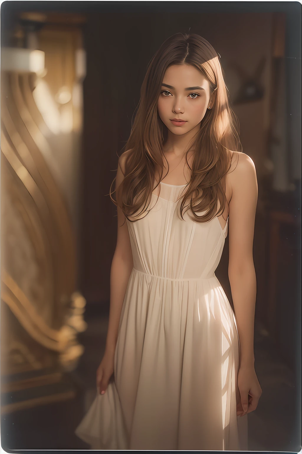 a 18 years old pretty girl with long hair and super cute sundress with a love neckline, light smile, soft smooth skin, sun, classic beauty, very thin, polaroid color photo, 16mm film live soft color, detailed skins, beautiful face, seductive bone armor dramatic lighting, shadow, (best quality, realistic) by Agostino Arrivabene, xxmix girl woman, 16mm film live soft color, photorealistic, masterpiece
