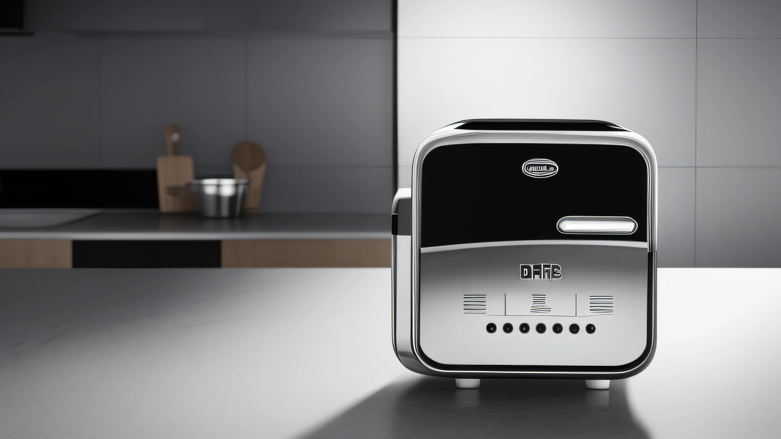 a kitchen counter with a black and silver coffee maker and a black and white counter top with a black and silver counter top,Dahlov Ipcar,unreal engine render,a computer rendering,hyperrealism,