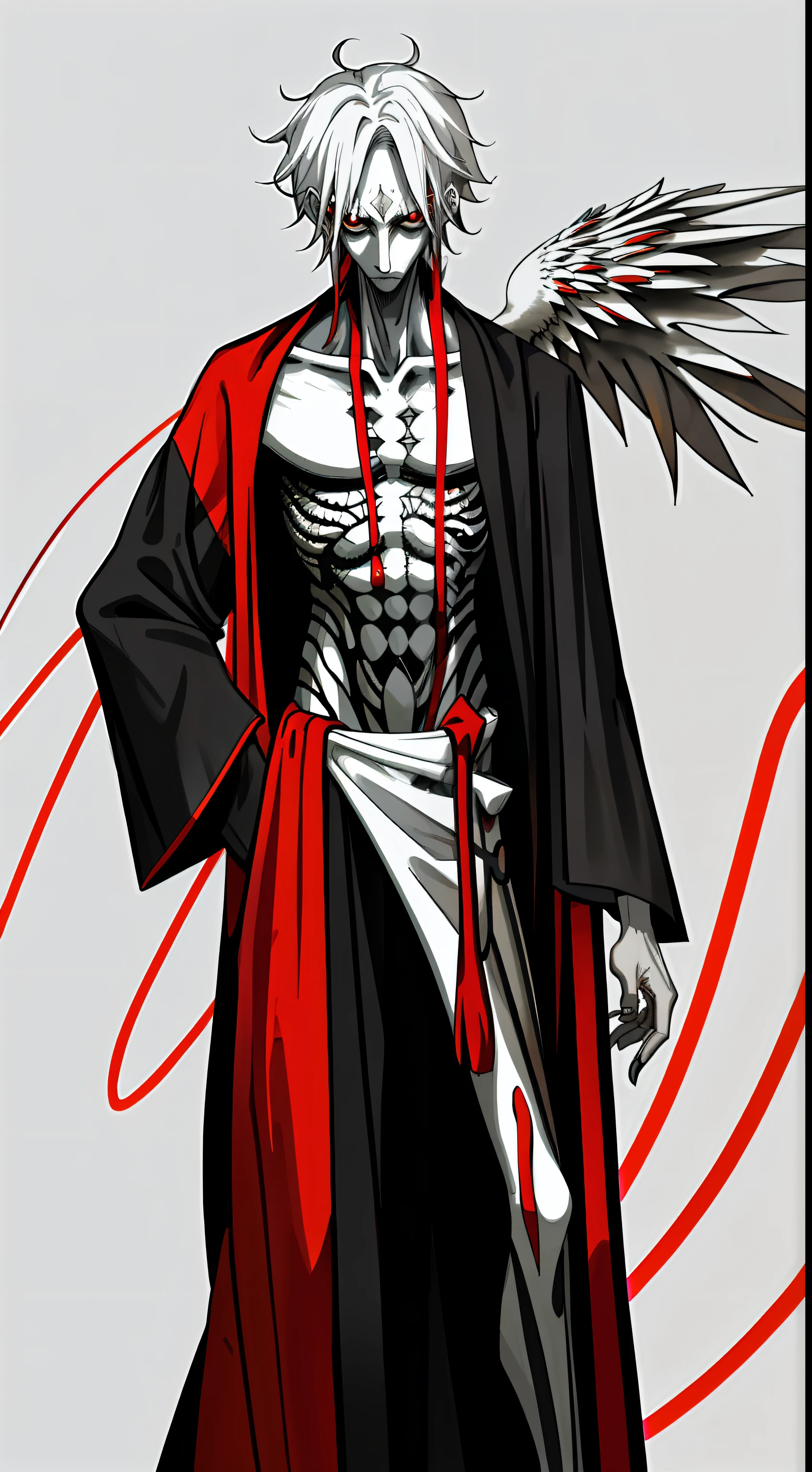 Abstraction, complex decorative lines, red-black, depressed, half-naked, skinny, clown costume, robe fusion, male haggard face，The dark circles have never gone away，Unhealthy white，The gray hair seems to be old，Shriveled abdomen