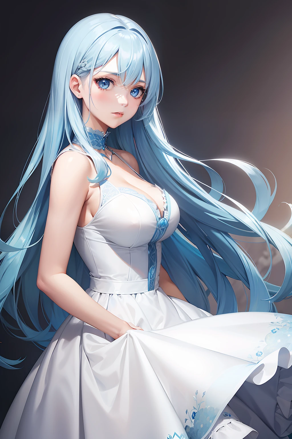 a women, blue hair, blue eyes, white dress