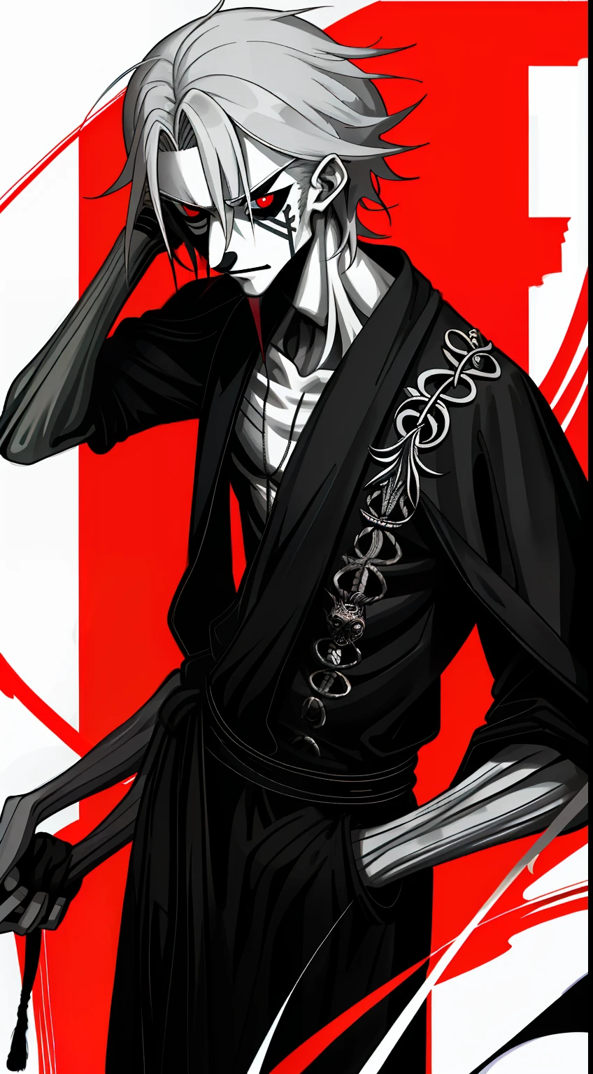 Abstraction, complex decorative lines, red-black, repressive, half-naked, skinny, clown elements, robes, male, haggard face,The dark circles have never gone away,Unhealthy white,The gray hair seems to be old,,Shriveled abdomen