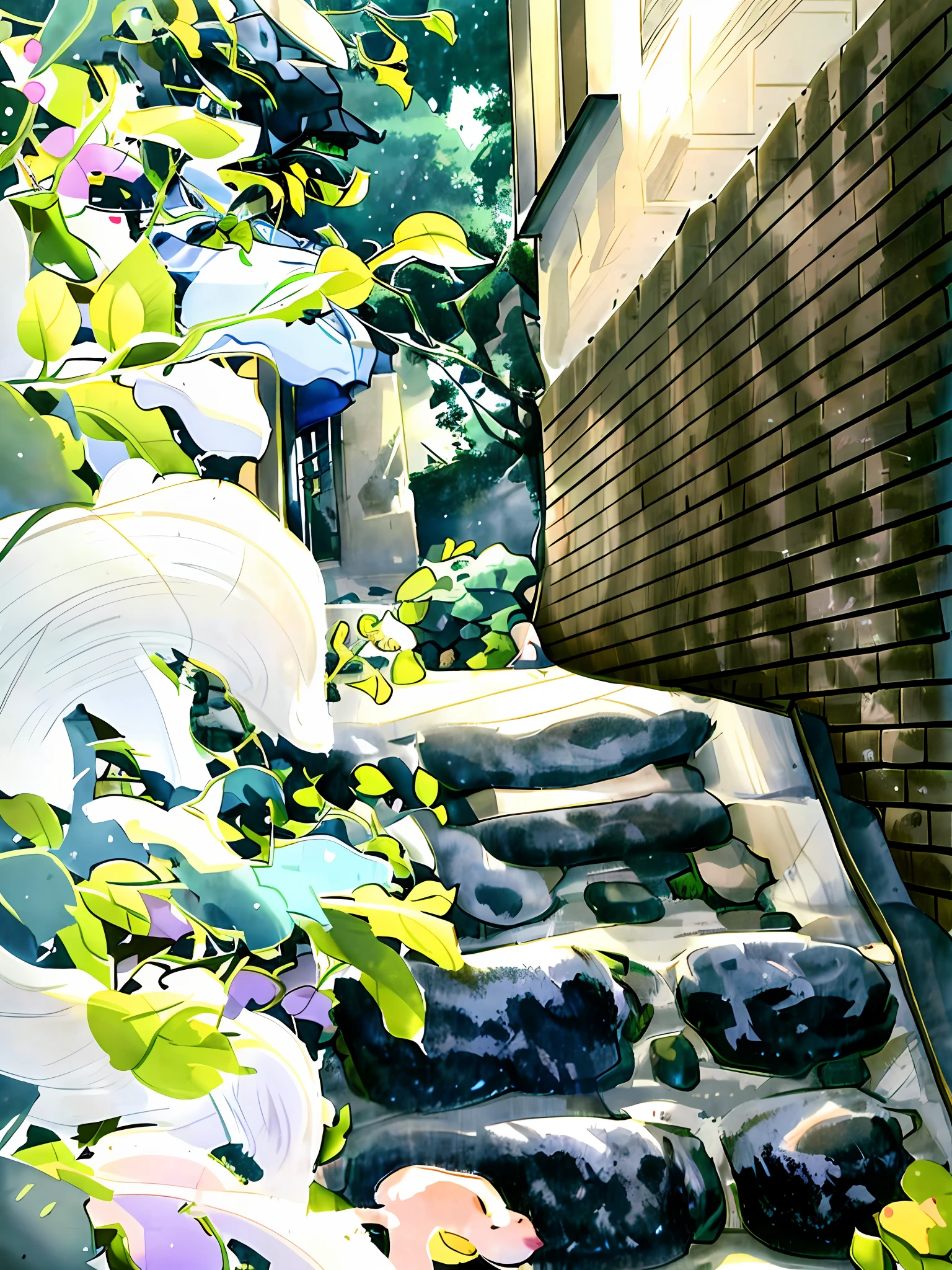 Anime by Makoto Shinkai、realisitic、cute little、An ultra-high picture quality、Cat sitting on stone steps outside the house, A small path to the door, steps leading down, Outdoor staircase, stone stairs, stone stairs, Old stone steps, Small steps down,