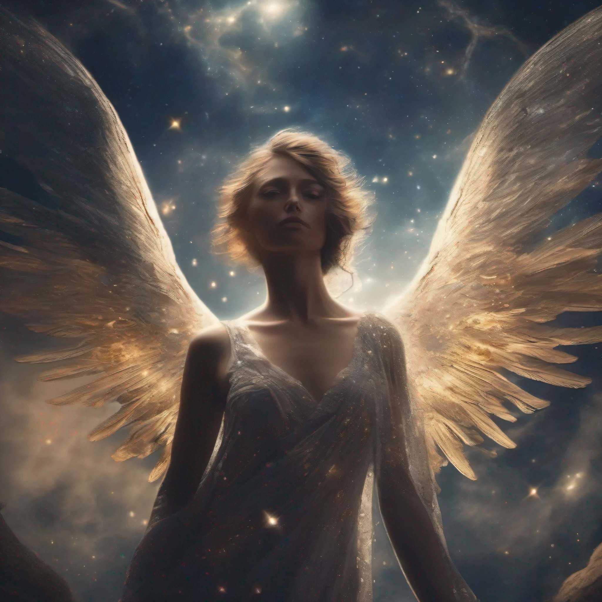 An angel looking from space to Earth, rodeado de muitas estrelas brilhantes,, imagem realista, 16 mil, cinematic picture.