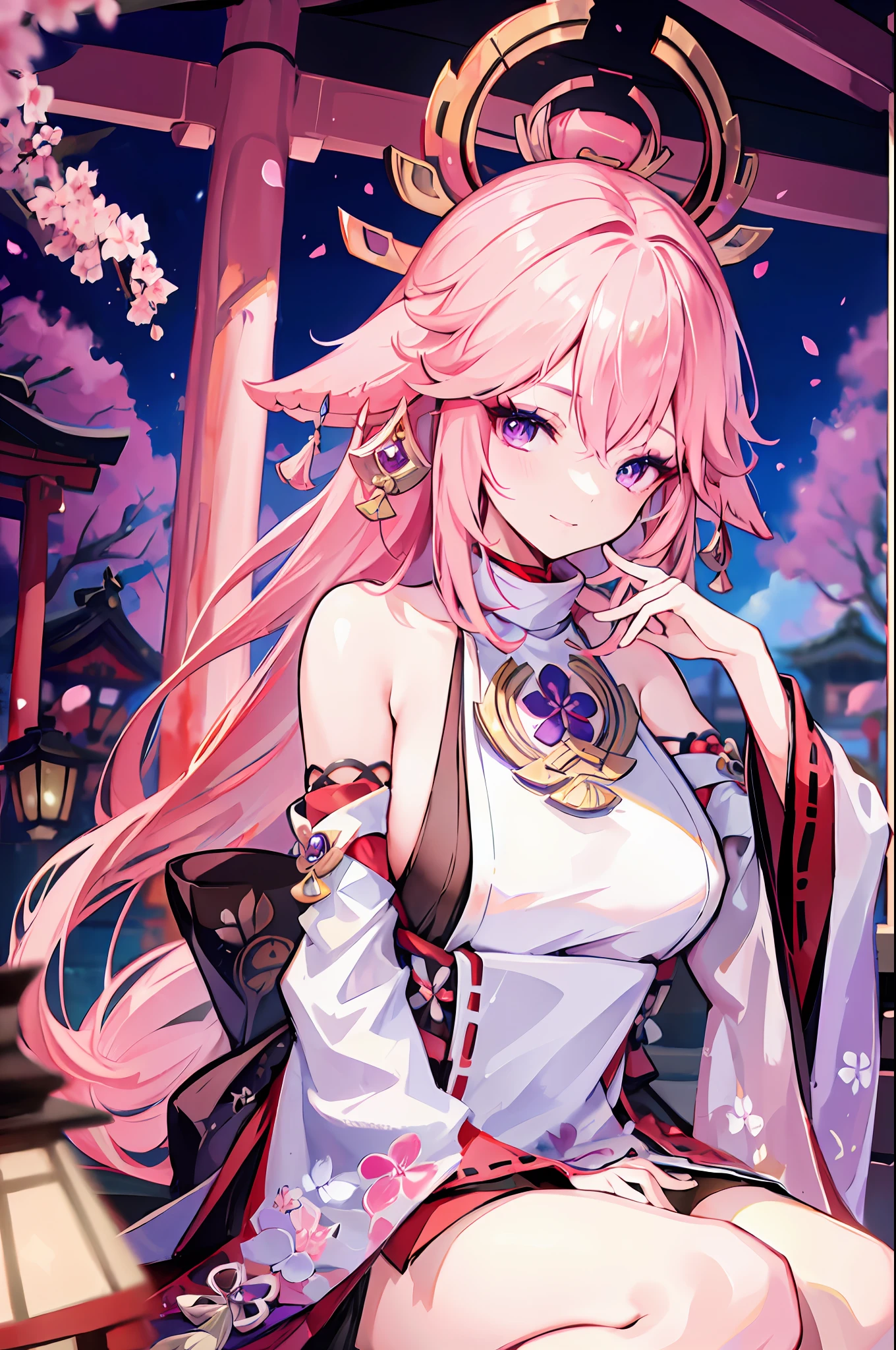 1girl, (ulzzang-6500:0.7), kpop idol, yae miko, detached sleeves, bare shoulders, pink hair, long hair, japanese clothes, best quality, (painting:1.5), (hair ornament:1.35), jewelry, purple eyes, earrings, breasts, torii, cherry blossoms, lantern light, depth of field, detailed face, face focus, ribbon_trim, (looking at viewer:1.25), nontraditional miko, shiny skin, long sleeves, smile, thick lips, game cg, hands on lips, east asian architecture, (blurry background:1.2), sitting, upper body,