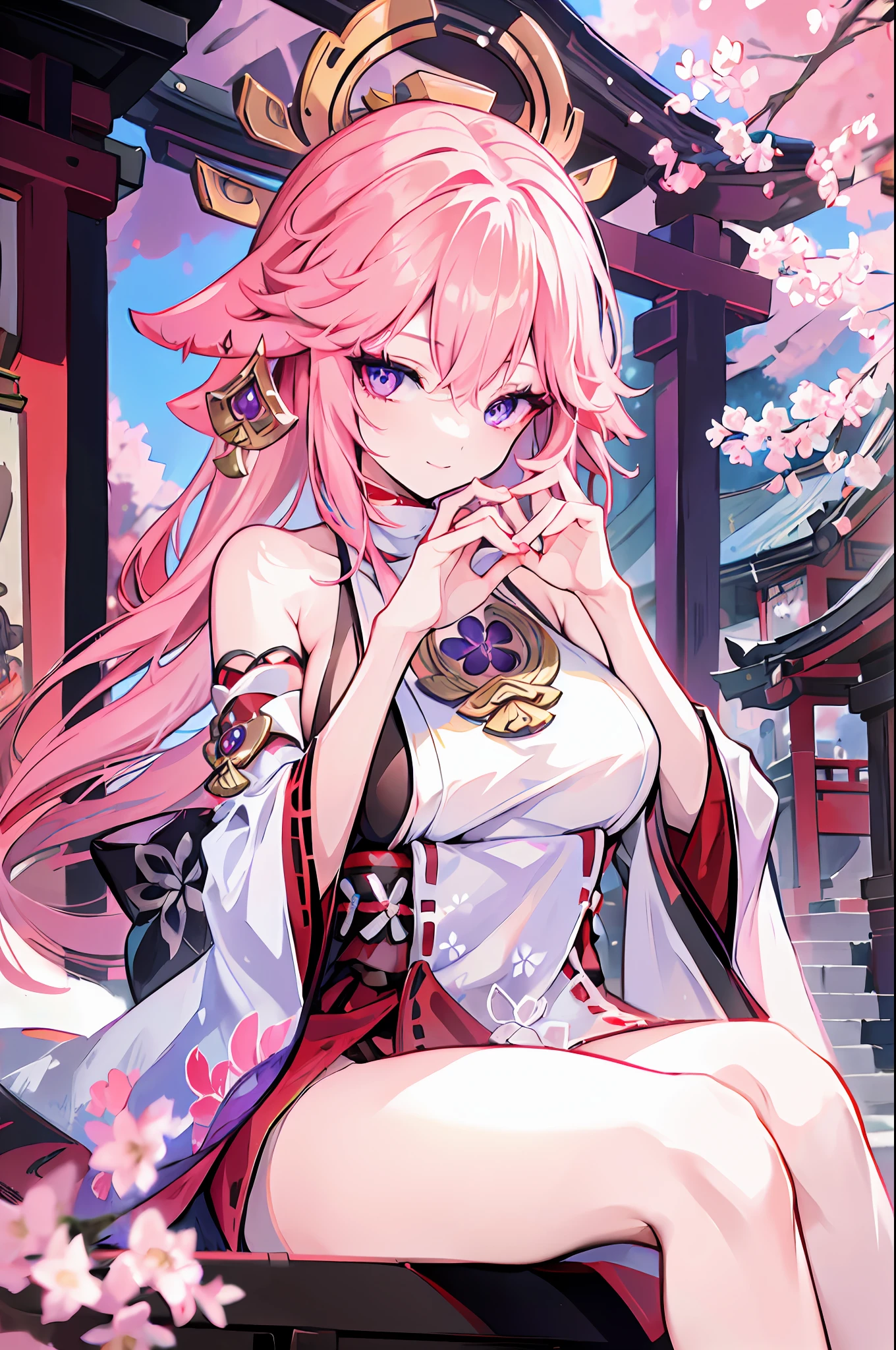 1girl, (ulzzang-6500:0.7), kpop idol, yae miko, detached sleeves, bare shoulders, pink hair, long hair, japanese clothes, best quality, (painting:1.5), (hair ornament:1.35), jewelry, purple eyes, earrings, breasts, torii, cherry blossoms, lantern light, depth of field, detailed face, face focus, ribbon_trim, (looking at viewer:1.25), nontraditional miko, shiny skin, long sleeves, smile, thick lips, game cg, hands on lips, east asian architecture, (blurry background:1.2), sitting, upper body,