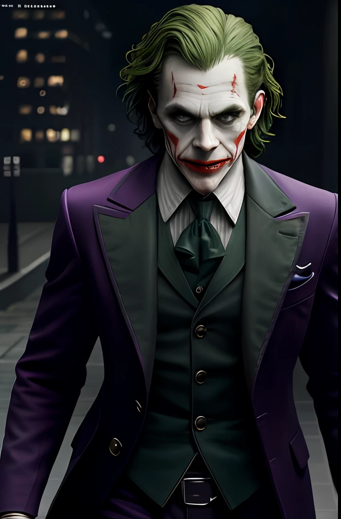 (8k, RAW photo, best quality, masterpiece:1.2), ultra detailed, official art, photo-realistic:1.37, upper body shot, DC Joker, film grain, action pose