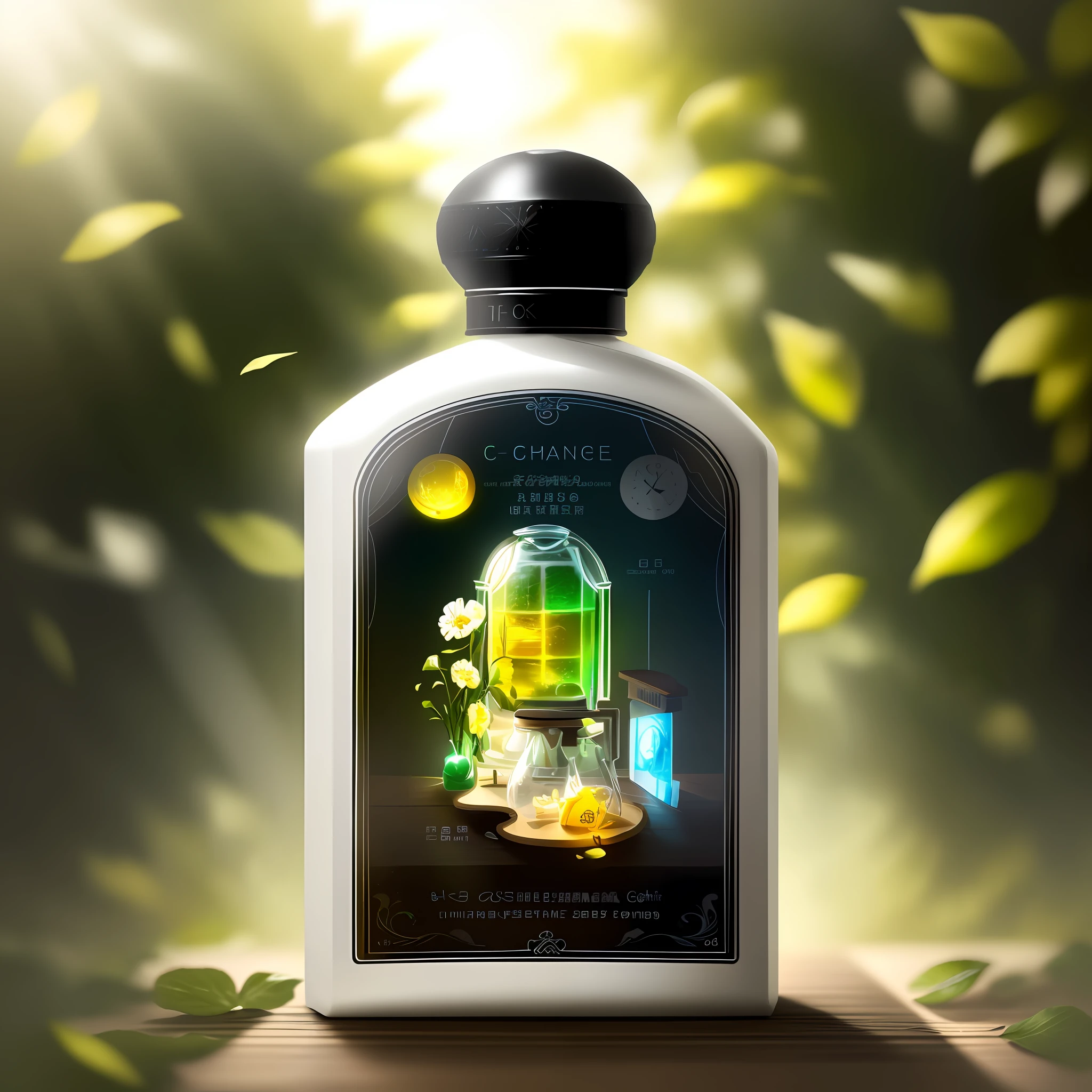 tmasterpiece,best qualtiy,(The is very detailed的 CG unified 8k 壁纸)(best qualtiy),(Most Best Illustration),(Best shadow) Nature Valley Delicate leaves Petals of various colors fall in the air ray tracing,ultra - detailed,The label is white,Solid background color,Yellow soft light irradiation,The bottle is made of plastic ,Color-colored caps --v6
