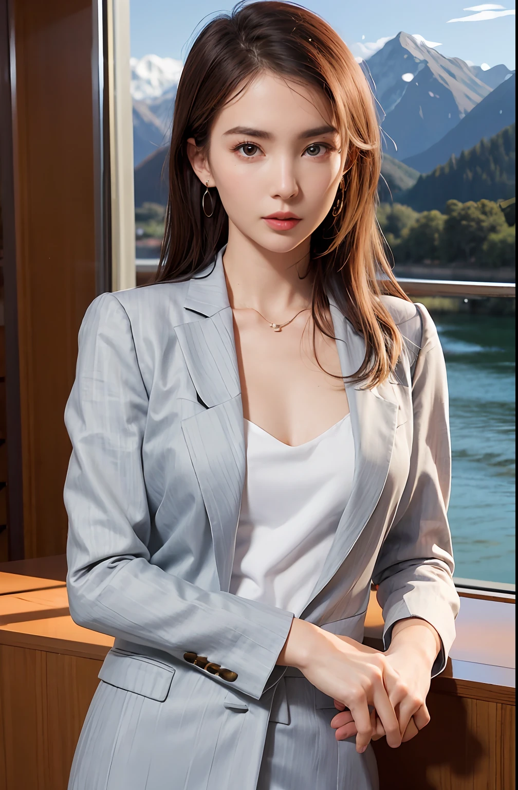 1girl,solo, parted lips,  office lady, business suit ,
river,mountain, hand on arm , looking at viewer,