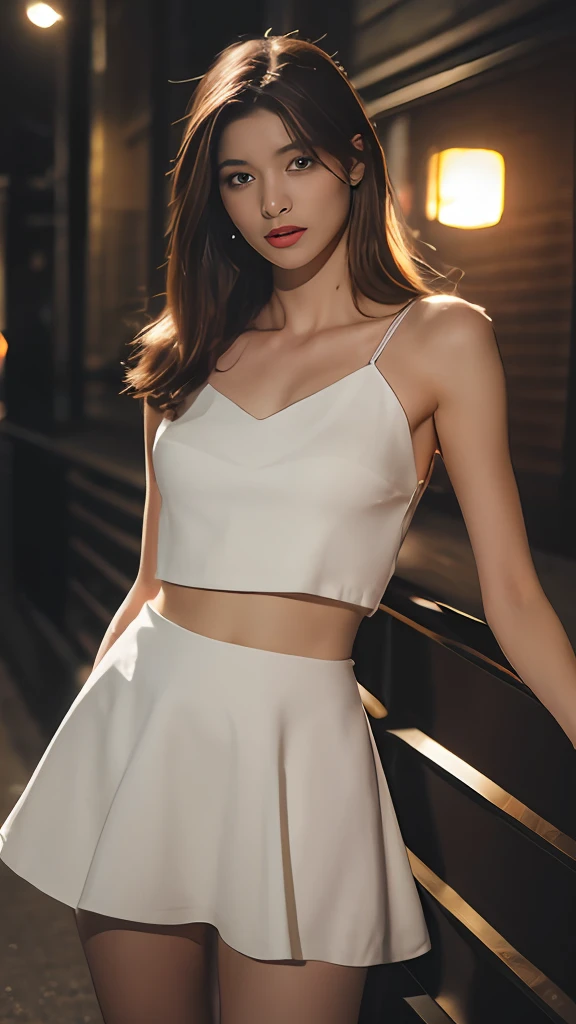 ((Realistic lighting, Best quality, 8K, Masterpiece: 1.3)), Focus: 1.2, 1girl, Perfect Figure: 1.4, Slim Abs: 1.1, ((Dark brown hair)), (White dress: 1.4), (Outdoor, Night: 1.1), City streets, Super fine face, Fine eyes, Double eyelids,