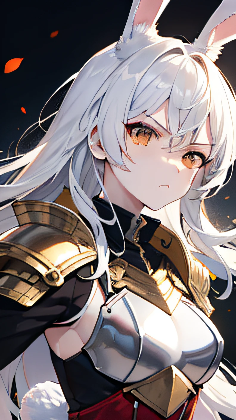 highres, Adult female, Long white hair, brown eyes, rabbit ears, rabbit tail, fitted armor, medium breasts, brandishing a sword, on a battlefield, looking fierce, looking determined, detailed eyes, cute, toned body