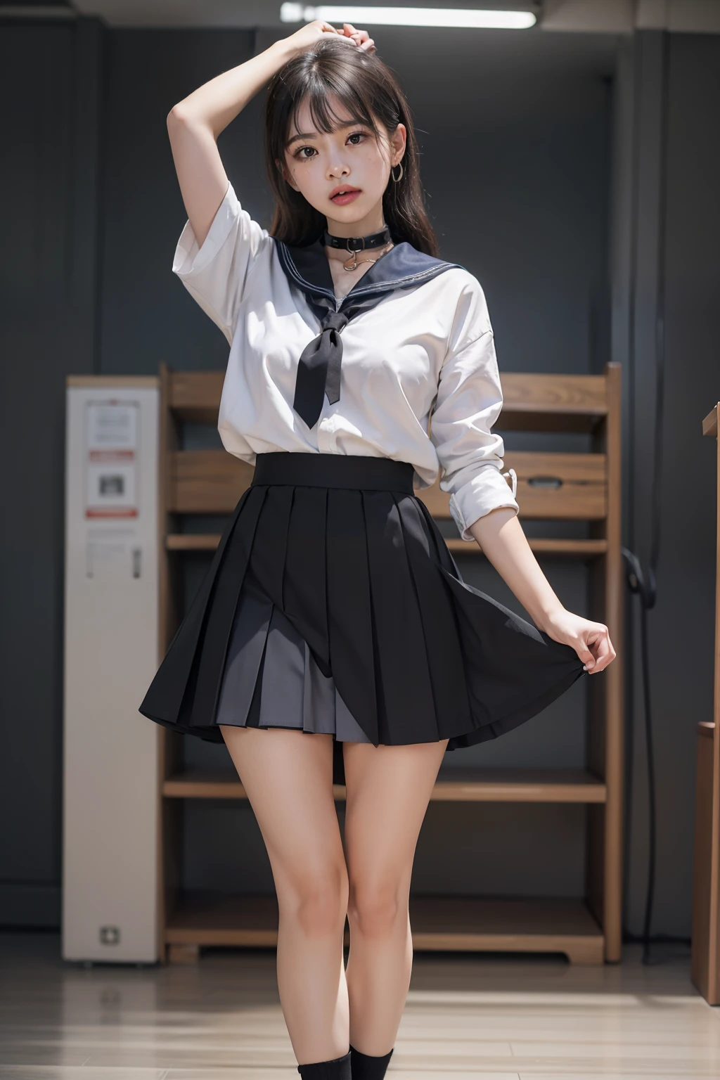 The highest quality shooting　　　　、White lace panties　、(((Two Women)))、　Thin rope、Tying up the body　、　(((Black collar))) 、　Skirt Roll Up　、　Two Women、White School Uniform、(((audience)))　、a sailor suit　、Dark blue pleated skirt　、Medium length pleated skirt　、student clothes　、　　Collar with a leash　、Cowboy Shot　　 、is crying　 　　、Portraits are prohibited　、blushed face　　、nightclubs　、disco　、dance　、　poneyTail　、(((audience)))　　、　A dark-haired　、Low angle full body photo　、Sad look、 Black hair, shining beautiful skin , Sweat, collar and chain accessories, beautiful black pupil and hair, Detailed expression　, beautidful eyes