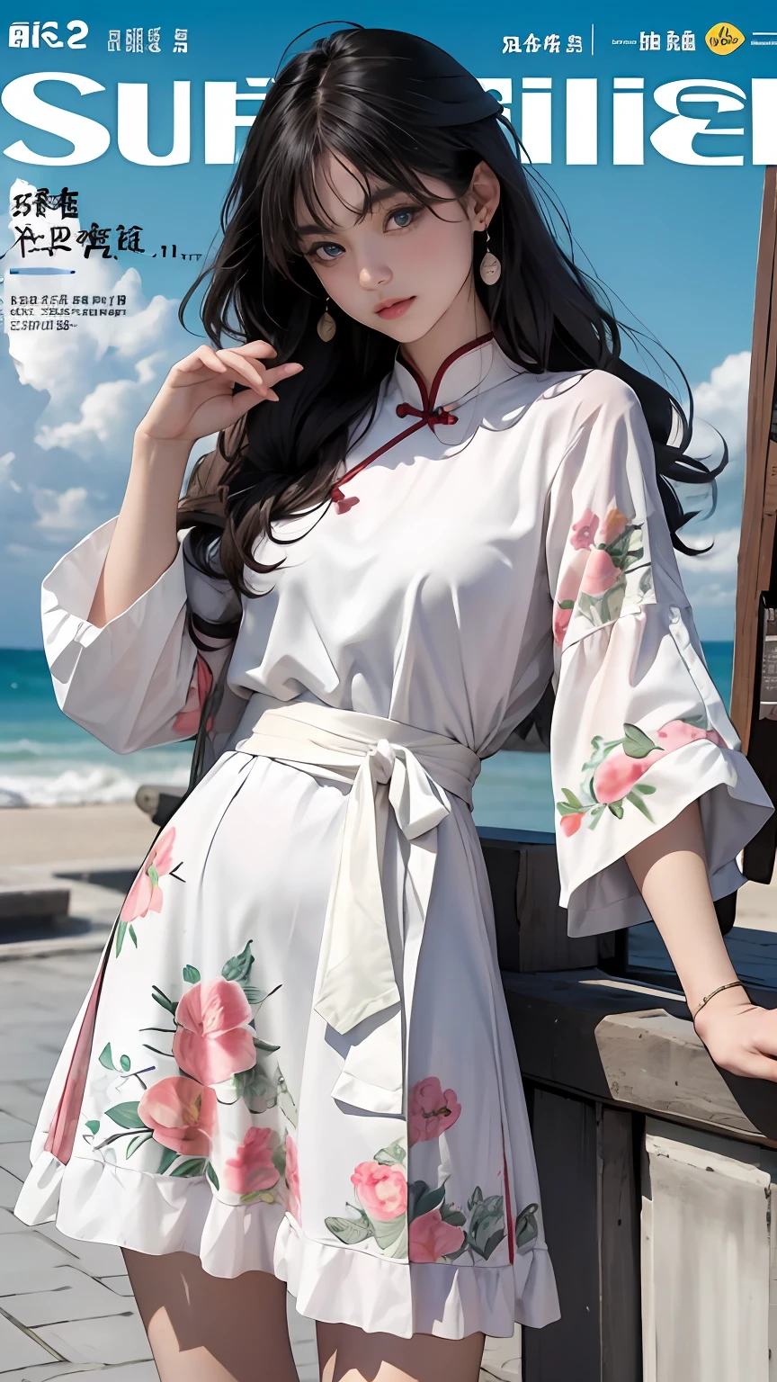 Best quality, Master, A high resolution, 1girll, Super beautiful face, super beautiful eye, Super beautiful hair Super beautiful face,Super beautiful eyes,Super beautiful hair,MagazineCover,beachside,clothing design,New Chinese,Clear light yarn,Photo by Fujifilm X-T3,