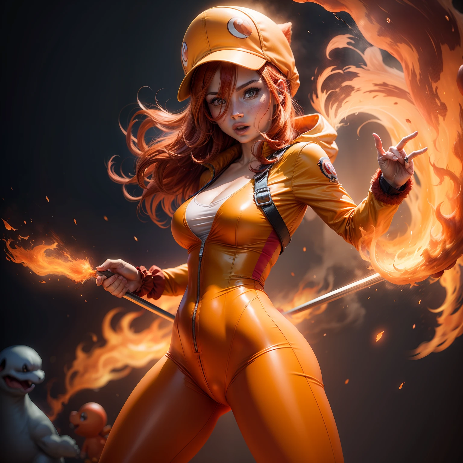 Un llamativo, highly realistic photo of a red-haired woman dressed as Charmander from Pokémon, with a vibrant representation of the costume and a fiery backdrop.