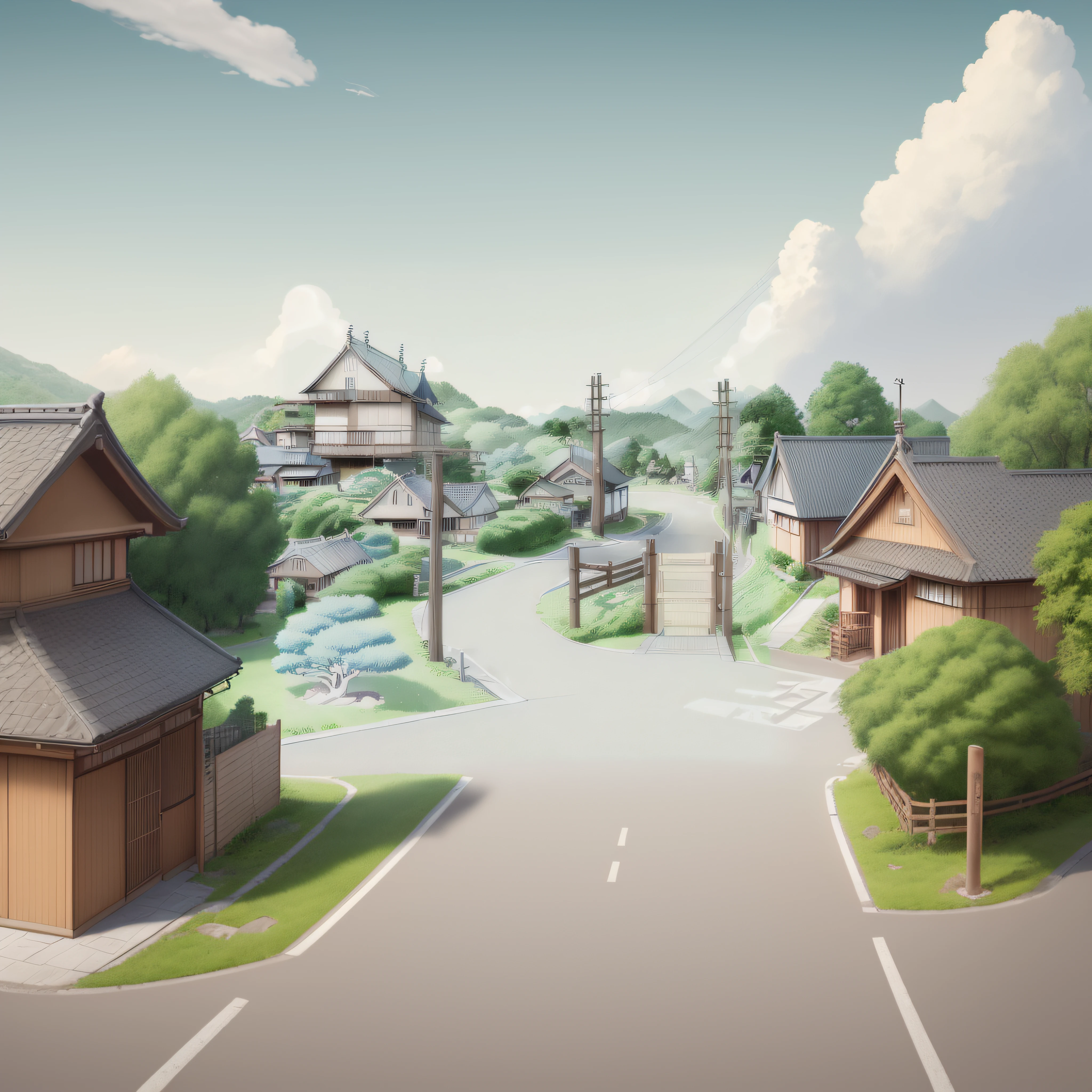 (Japanese town Landscape), (Hayao Miyazaki Style), cartoon, japanese townhouse, road, bend, small house, tree, pole, white cloud, landscape, outdoor, green trees, epic composition, realistic lighting, high-definition detail, masterpiece, the best quality, (very detailed CG unified 8k wallpaper),