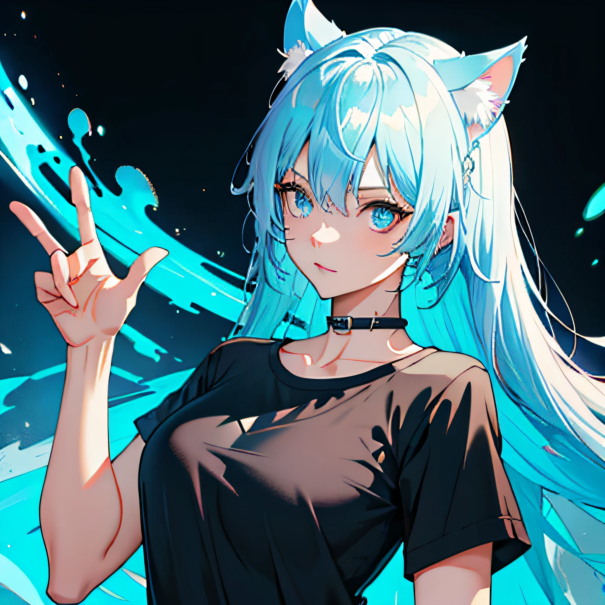 light blue  hair，Big cat ears，jack o pose，bottomless，Wear a black shirt，lightblue hair，Cat ears，jack o pose，bottomless，Student Clothing