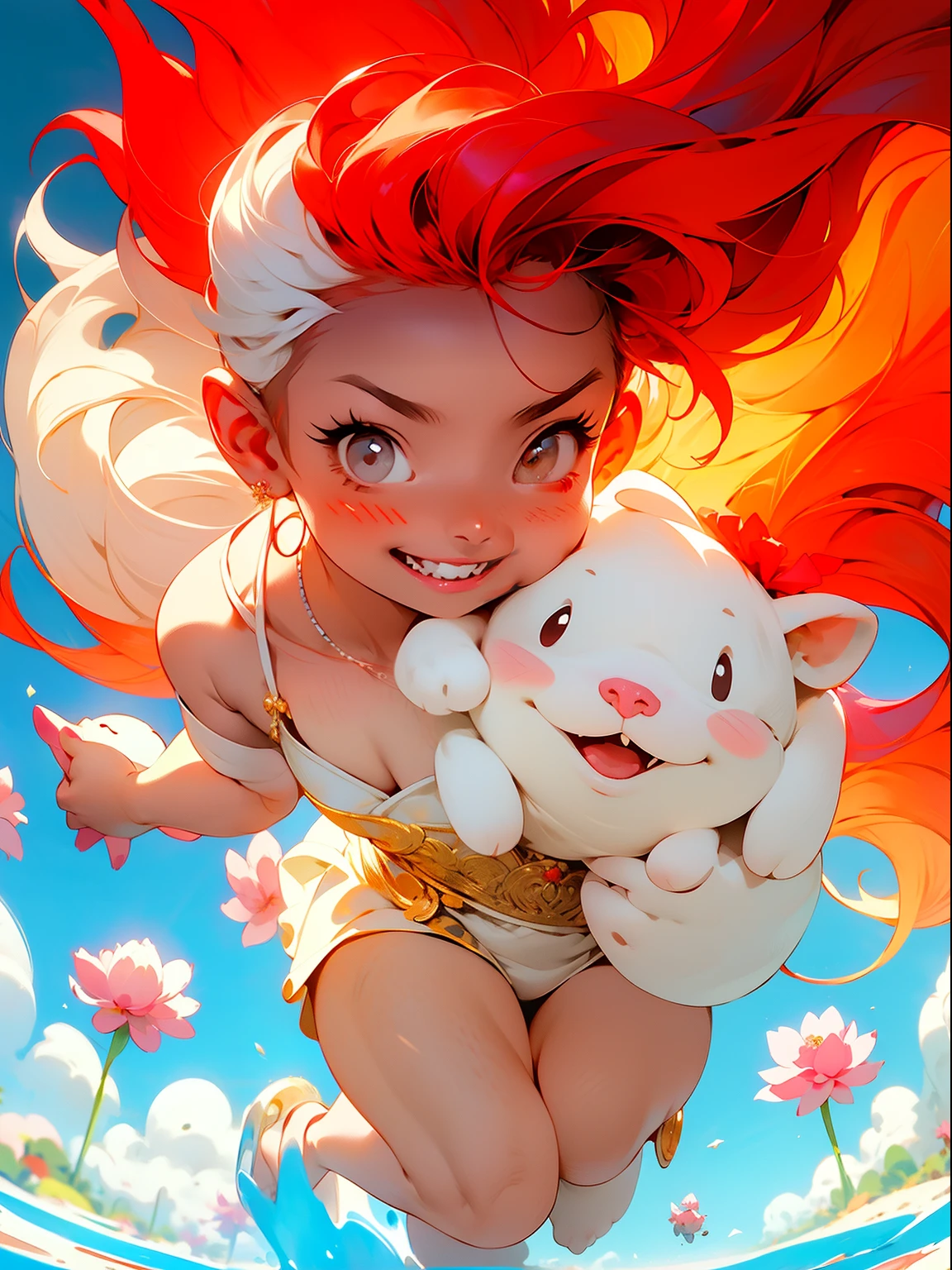 (Foco Positivo),, dynamic lighting, art-station, poster, Volume Lighting, Rostos Muito Detalhados, Papel de Parede 8k, 1 Menina de Cabelo Branco Longo, Ornamento de Cabelo com Franjas Vermelhas, Peony Flower Hair Ornament, dynamic perspective, China-style, Hanfu Branco, Faixa Vermelha, Fita Voando, sedution, Sexy, Pintura a Tinta Tradicional Chinesa, Nuvens Brancas Cercadas, Soft CUTE White Chinese little Dragon, dynamic perspective, film lighting,