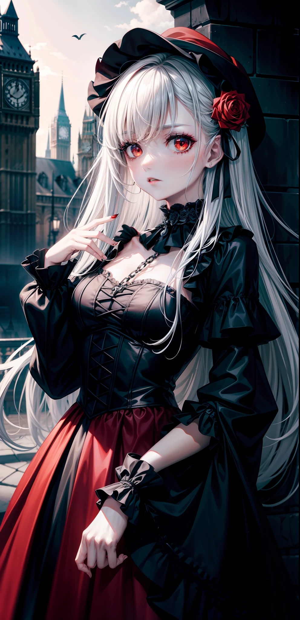 best qualityer,High-gloss dark style,A thriller masterpiece,Black-white-gray drawing,Bloody moonlight,The Skeleton Man is back,Embrace the sky with open hands,The ground was covered in blood,Death is at hand,The end of London,Bell tower with chain,Blood red cloak,head portrait,red color eyes,Poignant,style of anime,Rose flower,Gothic girl。