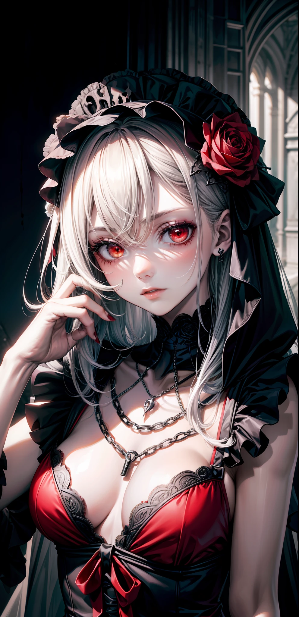 best qualityer，High-gloss dark style，A thriller masterpiece，Black-white-gray drawing，Bloody moonlight，The Skeleton Man is back，Embrace the sky with open hands，The ground was covered in blood，Death is at hand，The end of London，Bell tower with chain，Blood red cloak，head portrait，red color eyes，Poignant，style of anime，Rose flower，Gothic girl。