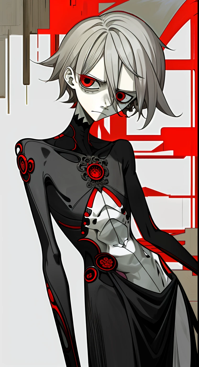 abstraction, Intricate moldings, Geometry，Gray-red-black, Depressed, Dressed , Skinny, , Fusion dress, Haggard male face，Dark circles never go away，Unhealthy white，The gray hair seems to be old，Shriveled abdomen