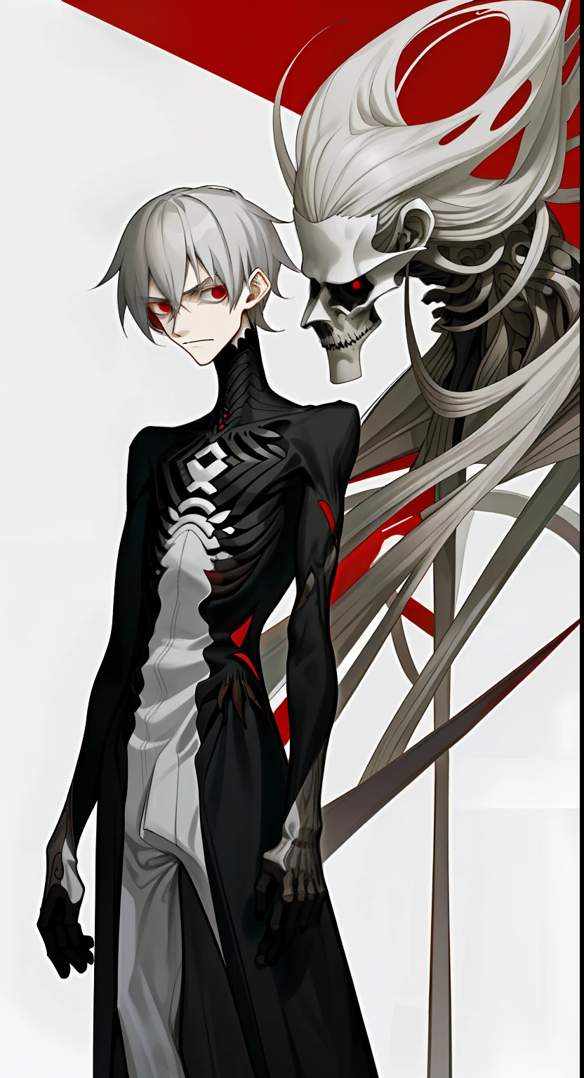 abstraction, Intricate moldings, Geometry,Gray-red-black, Depressed, Dressed naked, Skinny, , Fusion dress, Haggard male face,Dark circles never go away,Unhealthy white,The gray hair seems to be old,Shriveled abdomen