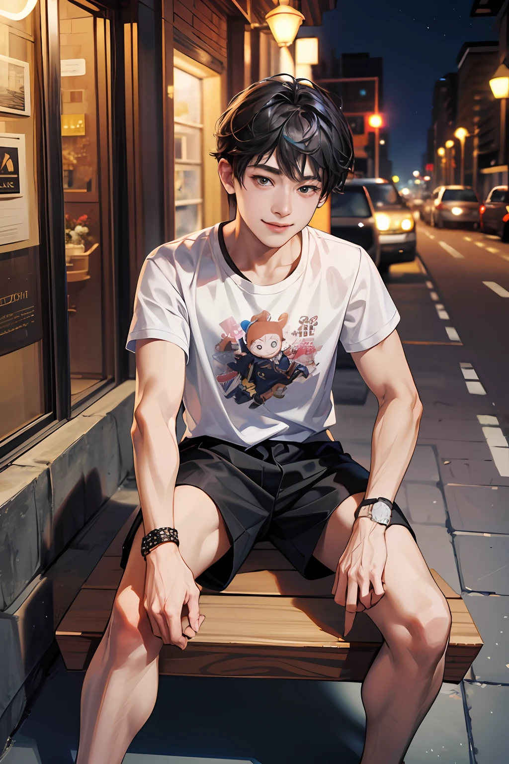 (hoang lap,A high resolution,hyper-detailing,HDR),tmasterpiece,best qualtiy,1boy,handsome,short detailed hair,Fine eyes and detailed face,(whitet-shirt),(There is also a HelloKitty cartoon printed on the chest),(Black shorts),(slippers),dimple,Night Street,nightcity,midynight,self-shot,Light smile,Sit on the maza,Roar,enthusiasm,