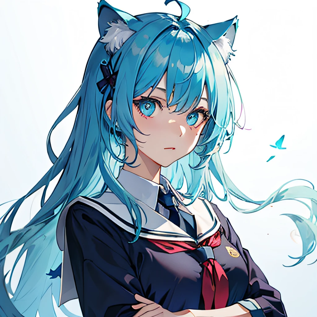 lightblue hair，Big cat ears，Deep eyes，School costumes。