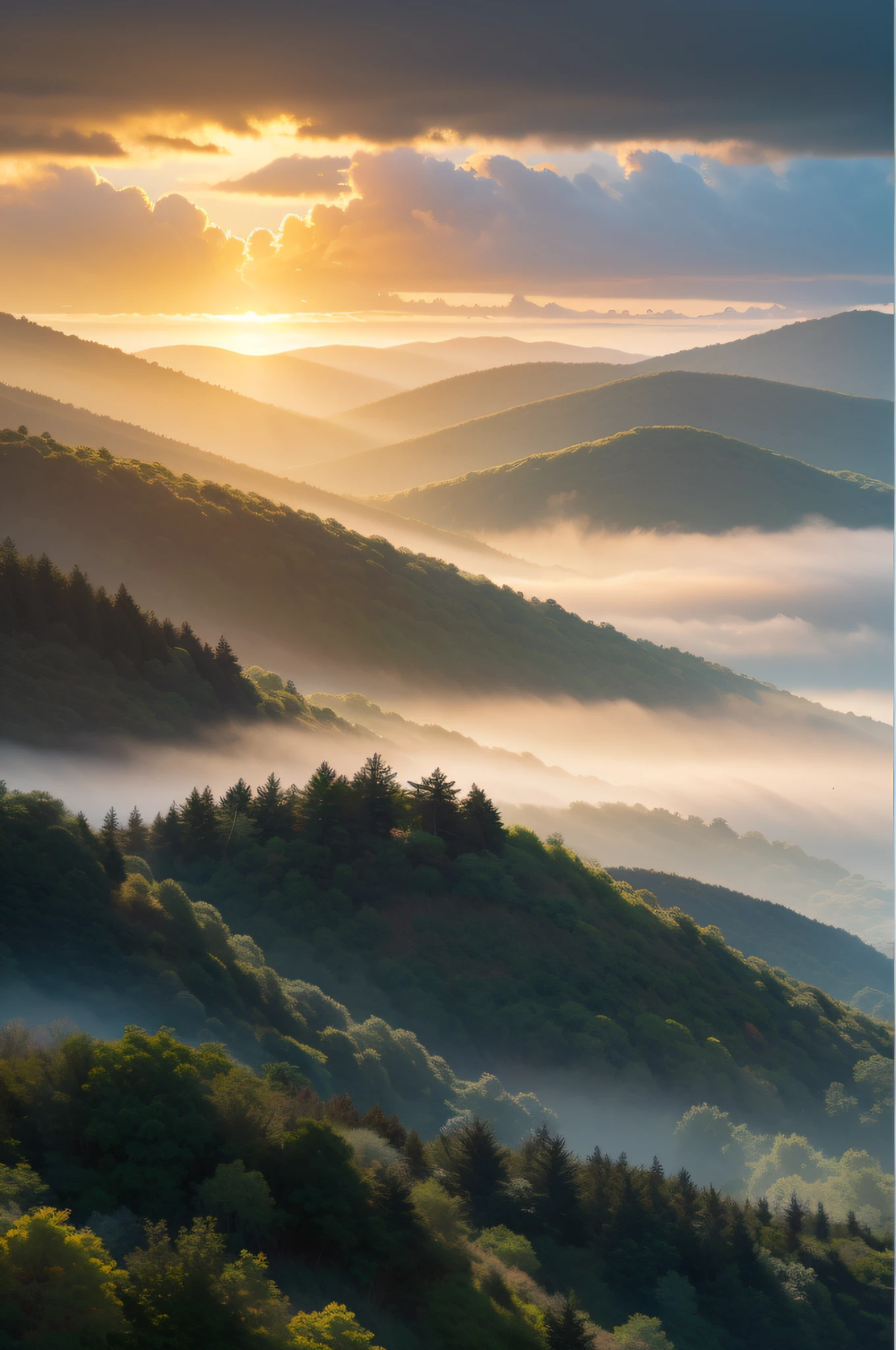 (8k wallpaper, .primitive, Photorealistic:1.25) ,( glossy side,, Best quality, Ultra-high resolution, Depth of field, color difference, Caustics, Special light) ,hilltop,sunraise,Tyndall rays,Golden clouds