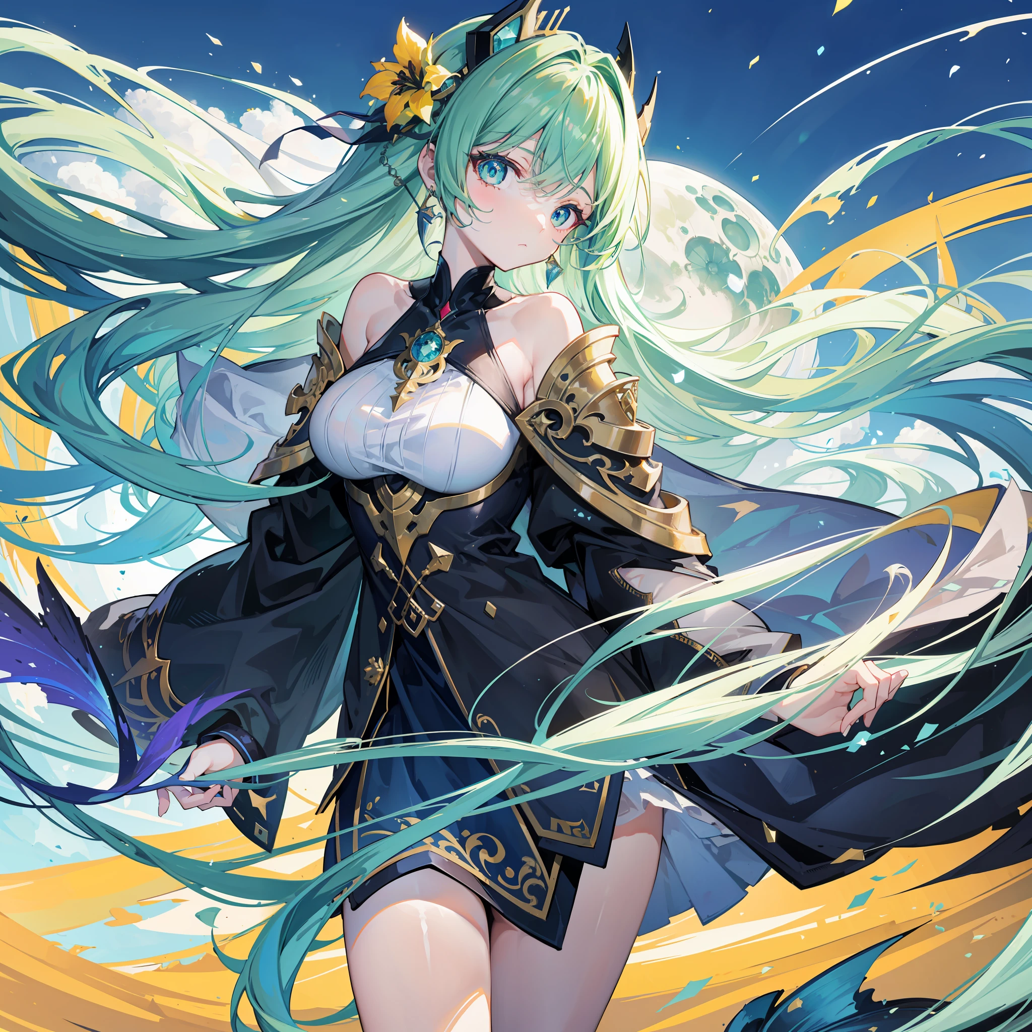 A photo of a beautiful green-haired girl，sharp fokus, ([sketching| aquarelle \(median\)]: 1.15), (Ink stains: 1.1), (Pale : 1.2), Correct proportions, Correct anatomy, Wavy hair, Messy hair, Very long hair,  Vector tracking, Gradient blending, vivd colour, Very good, extremely detaile, 复杂,  big breasts beautiful, Impeccable, beautiful  Girl,  （ Green eyes）,  Anime,  Impressionism,  hyper HD, Masterpiece, Anatomically correct, ccurate, High details, Award-Awarded, A high resolution, (裸 女), 16k, Best quality, high qulity, Super detail,best qualtiy， tmasterpiece， 1girll， beauitful face， （highdetailskin：1.2）， Ultra HD in 8K，  （Optimal proportions of four fingers and one thumb）， (Cute 1girl)，( medium breasts1.33)，(Clear and beautiful eyes:1.4)，Masterpiece, Best quality, Night, full moon, 1 girl, （Green long hair）,Yellow pupil color, （Long staff）, flower ball background, Stroll along the beach，quadratic element，a beauty girl，The fish，（head gear）