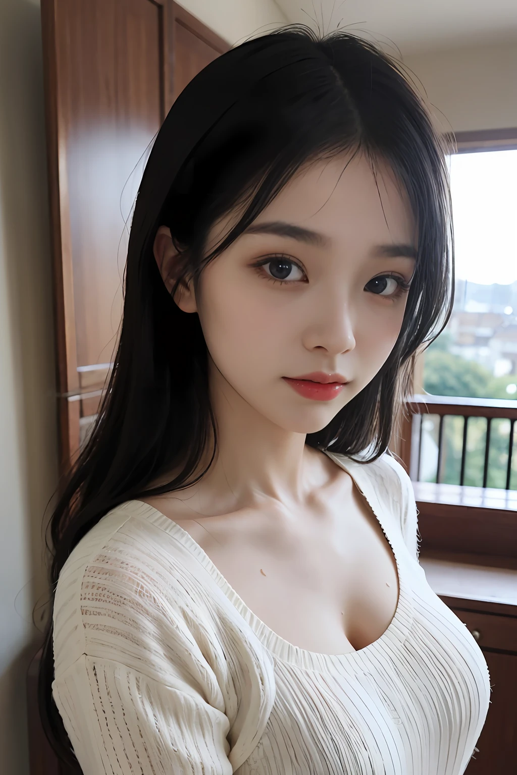 "Masterpieces of photography, Top quality and ultra-detailed appearance. Japan woman looking young, Present sensual nuances,Please wear transparent clothing and wet knitwear, The background may be blurry, however、The main image must be clear and clear. (1 girl), Blue eyes, Long Black Hair, Modern and gentle hairstyle. Close-ups of your skin should emphasize the richness of details. Context optimization、It is necessary to strengthen its characteristics、ssmile