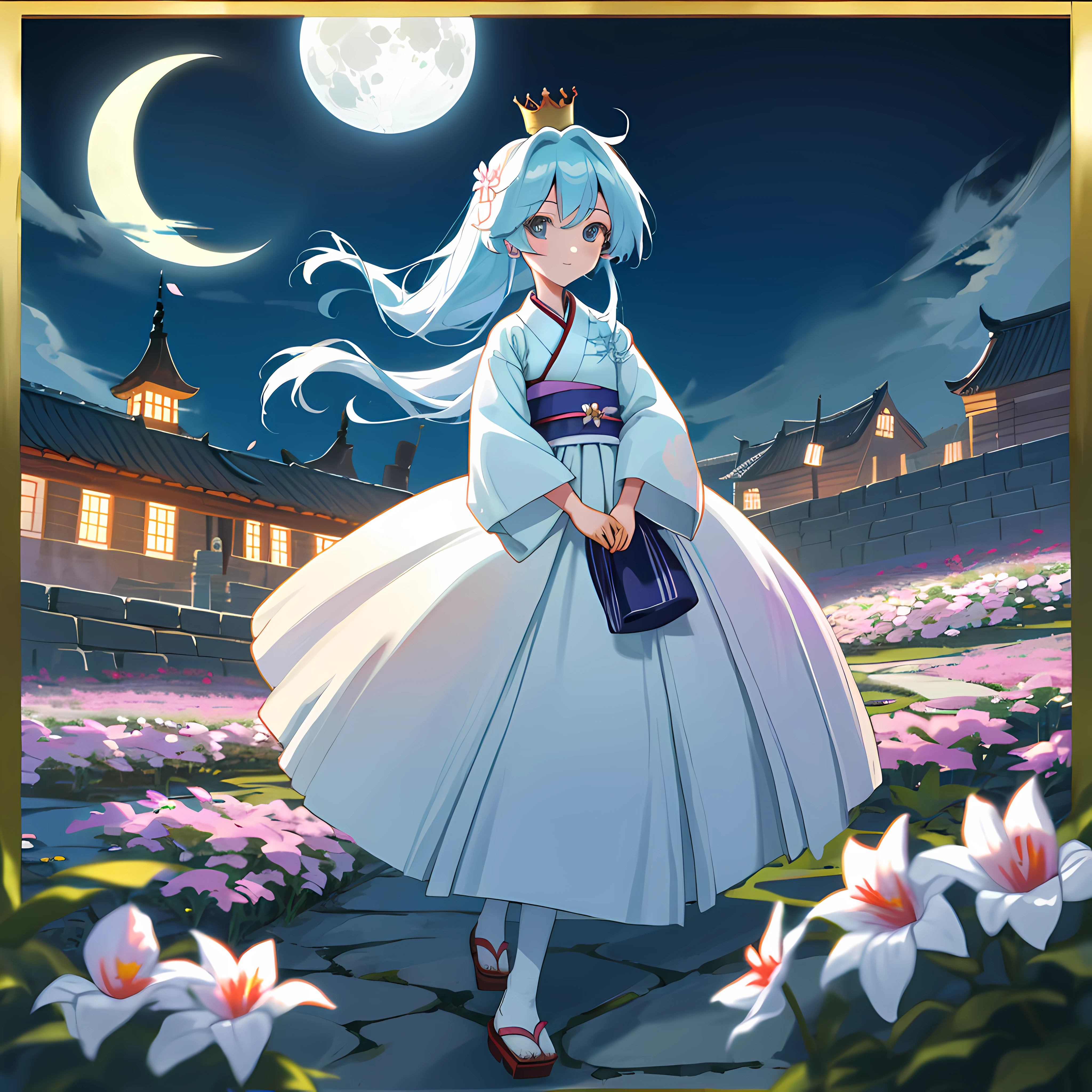 best quality, high_resolution, distinct_image, detailed background ,girl, hanbok,flower,garden,moon, night,dutch angle, wide shot, crown,