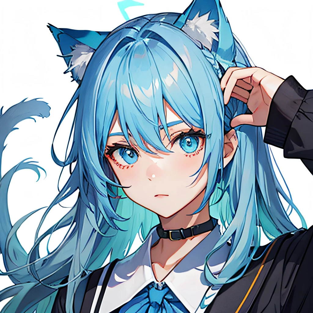 lightblue hair，Big cat ears，Deep eyes，School costumes。