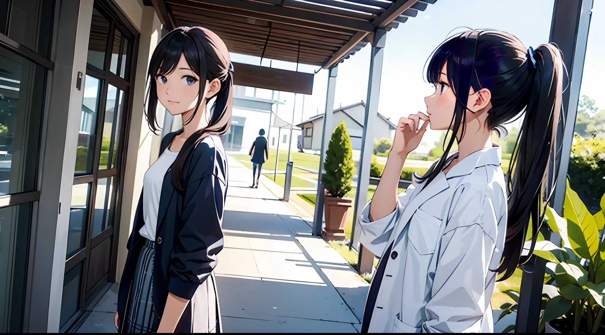 （​masterpiece、top-quality）perfect anime illustration、Only one young woman、High School Teacher、Age is late 20s、Clean face（profile）、confident facial expression、poneyTail、Rough clothing（Skirt and white blouse）、She wears a light science lab coat over her clothes.、The time is in the afternoon、Sunnyday、The location is a passage in the school（outside of house）、Plants and trees are dark green、So that the whole body goes into the illustration、Write