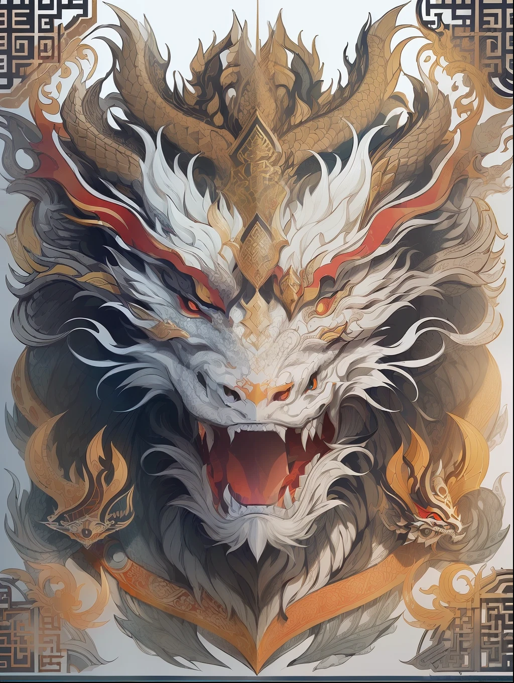 (White background:1.4),(Symmetrical:1.5),(Masterpiece Chinese dragon head, In the middle,  Oriental elements),（China - chic illustration:1.2, Vector painting:1.2),(Chinese colors,senior color matching),( reasonable design, Clear lines, High sharpness,Best quality, Very detailed, Masterpiece, offcial art, movie light effect, 4K )