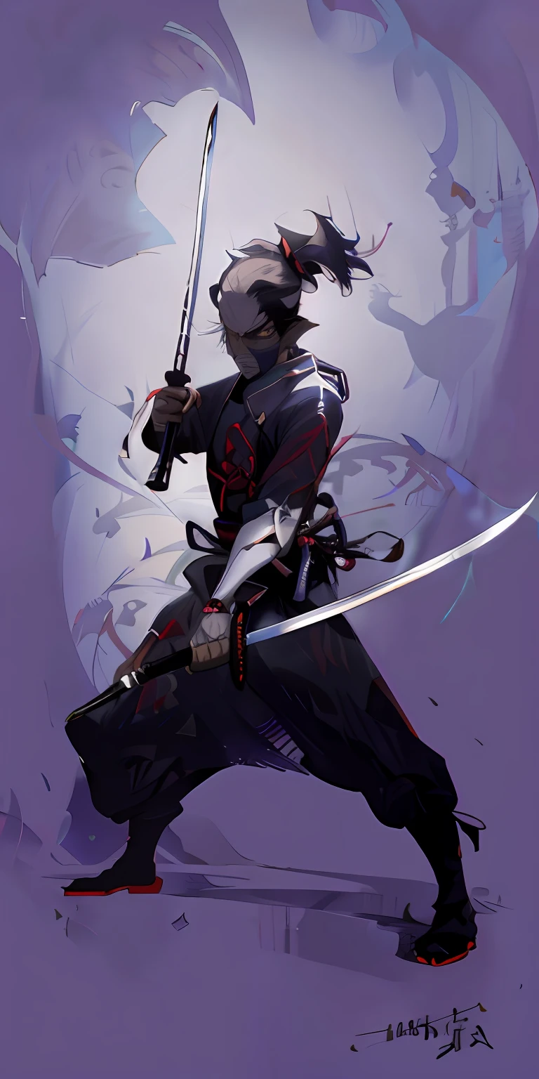a drawing of a man in a ninja costume holding a sword, benedick bana, inspired by Kanō Hōgai, dramatic wielding sword pose, afro samurai anime style, afro samurai animes style, dramatic wielding katana pose, goth ninja, Demon Samurai, badass posture, Villain pose, inspired by Kawabata Ryūshi