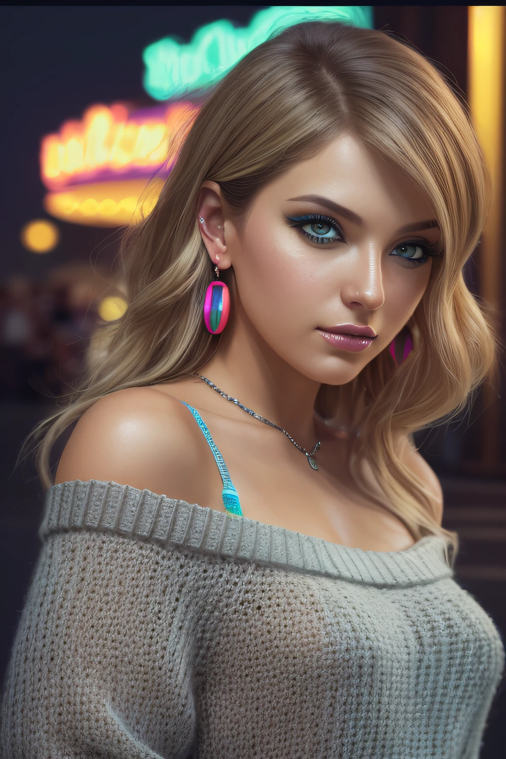 ((Selfie:1.1)), (raw:1.1) photo of (blonde Maj1j3j01-1200:0.99), a woman as a model, modelshoot style, (extremely detailed CG unity 8k wallpaper), photo of the most beautiful artwork in the world, professional majestic oil painting by Ed Blinkey, Atey Ghailan, Studio Ghibli, by Jeremy Mann, Greg Manchess, Antonio Moro, trending on ArtStation, trending on CGSociety, Intricate, High Detail, Sharp focus, dramatic, photorealistic painting art by midjourney and greg rutkowski, (at night:1.2), (dimly lit), (neon lights:1.2), (carnival:1.1), (makeup:1.1), ((roller-coaster in background)), ((off the shoulder sweater:1.2)), (looking at viewer:1.3), (detailed pupils:1.3), (modern outfit:1.2), (club makeup:1.2), (close up:1.3), (earrings).