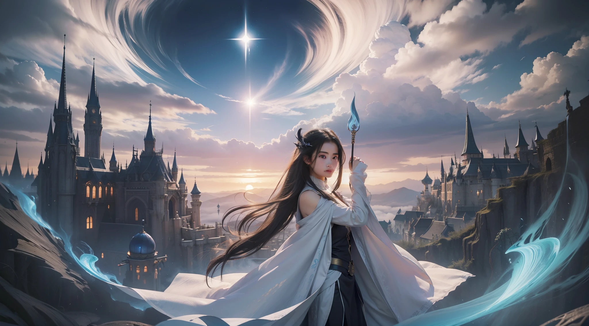Above the rising clouds,Night, Dark, (Fantasy),infinite,deep blue sky,The abyss of knowledge,Cowledge,((masutepiece)), (((Best Quality))),((Beautiful fine eyes)),(Eye lashes)、Realistic clouds、Very beautiful face、The ultra -The high-definition、high fantasy castle、beautiful Girl、(女の子1人)、Black hair、The long-haired、abyss eyes、glowy skin、oils、small tits、Perfect human body structure、Wizard robes、der riese、tattered cloth、Realistic coat、Teenchi、Super delicate CG Unity 32k wallpaper、photoRealstic、masterpiece, ((ultra-detailliert)), ((illustratio)),colourfull,wall-paper,The energy,Unknown terror,Incomprehensible,Around the magic,Magical surroundings,magic wands,Boken,Flying pages,Know everything,Predict the future、Get to know the past、Infinite wisdom、blue flames、Warlock、magic circles、Pentagram、Spells、mantra、Singing magic
