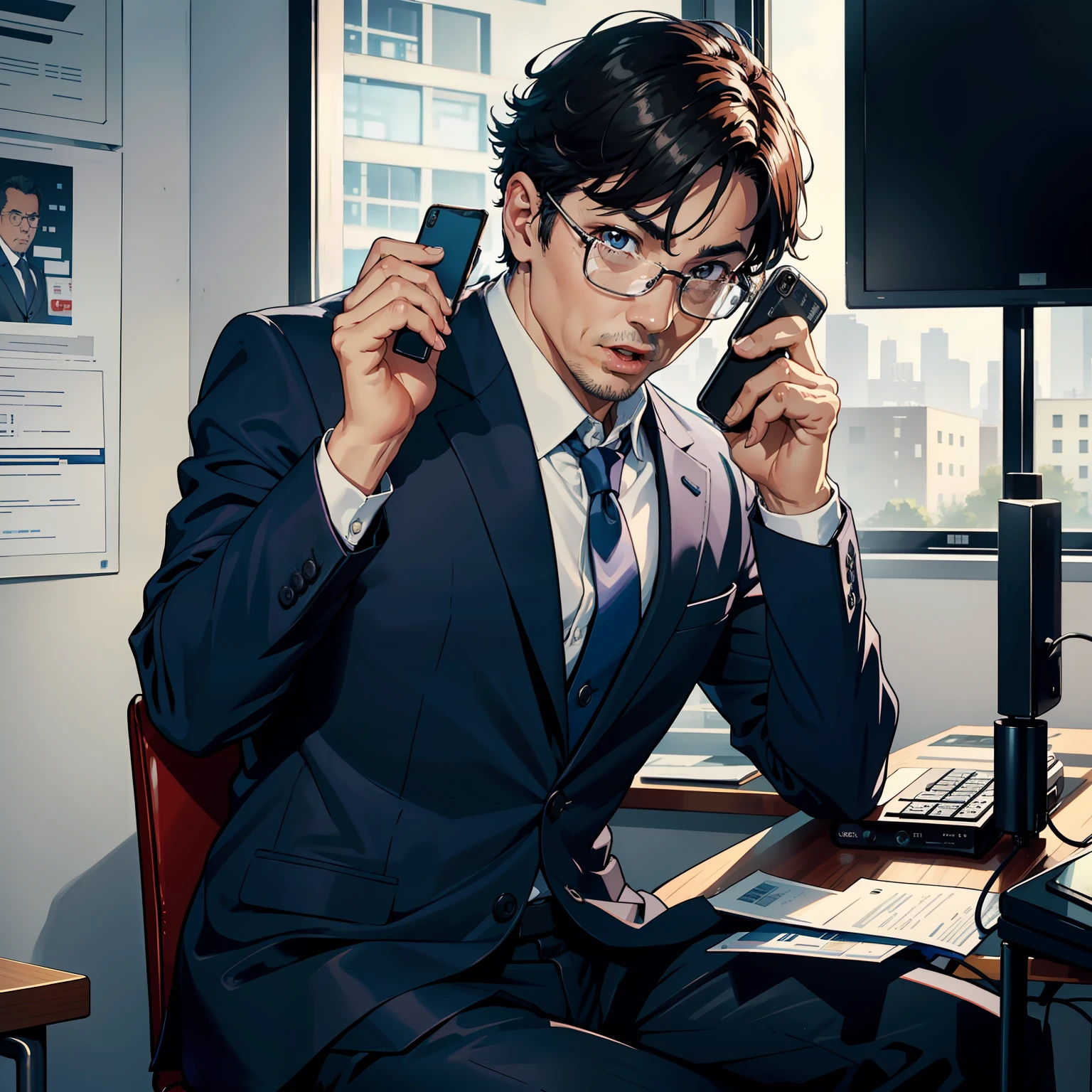1 middle-aged man,The phone is held to your ear,Open your mouth and open wide,Answer the phone,Shout into your phone,whoop,tosen,Sitting in office in a suit,upperbody shots