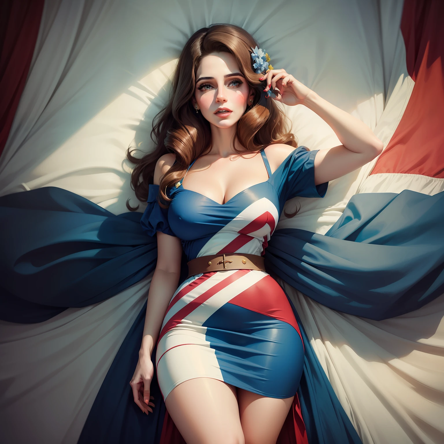 Crie uma imagem da cantora Lana Del Rey em um estilo vintage, usando um vestido vermelho, branco e azul, com a bandeira dos Estados Unidos como pano de fundo.