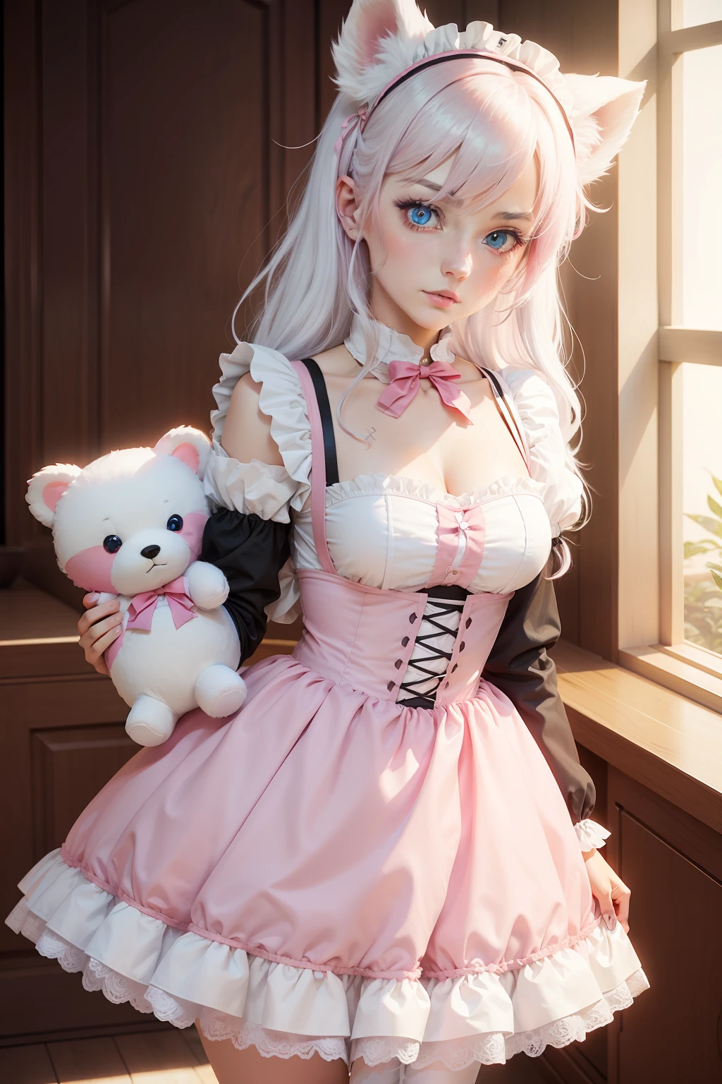 Lori Fox,the maid outfit,Anime style,Hold the bear,Pink and white color scheme,flatchest,White hair,Red and blue pupils,Eight years old