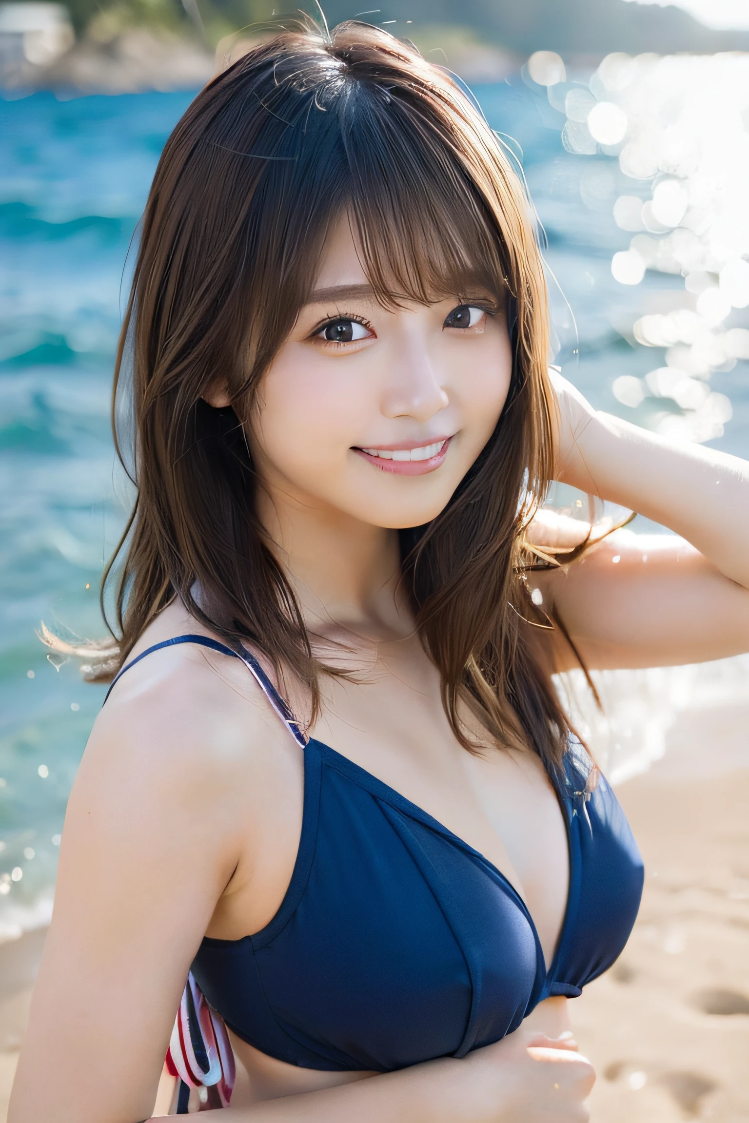 8K,Best Quality, 超A high resolution, (Photorealistic:1.4),​masterpiece:1.2, Raw photo, (upper thigh:1.1, From Side:0.7), (Bokeh:1.２), sea side, (in a suite:1.6),sand beach, 1日本人の女の子, Cute, (Solo:1.6), (Shy smile), Smooth skin, (Brown medium hair,Bangs), (touch hair:1.4),nogizaka,Cute swimsuit,Supple fingertips,Beautiful eyes:1.３