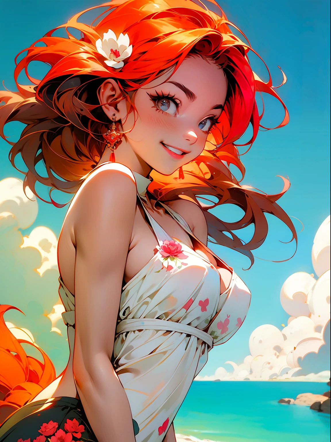 (Foco Positivo),, dynamic lighting, art-station, poster, Volume Lighting, Rostos Muito Detalhados, Papel de Parede 8k, 1 de Cabelo Branco Longo, Ornamento de Cabelo com Franjas Vermelhas, Peony Flower Hair Ornament, dynamic perspective, China-style, Hanfu Branco, Faixa Vermelha, Fita Voando, sedution, Sexy, Pintura a Tinta Tradicional Chinesa, Nuvens Brancas Cercadas, dynamic perspective, film lighting,