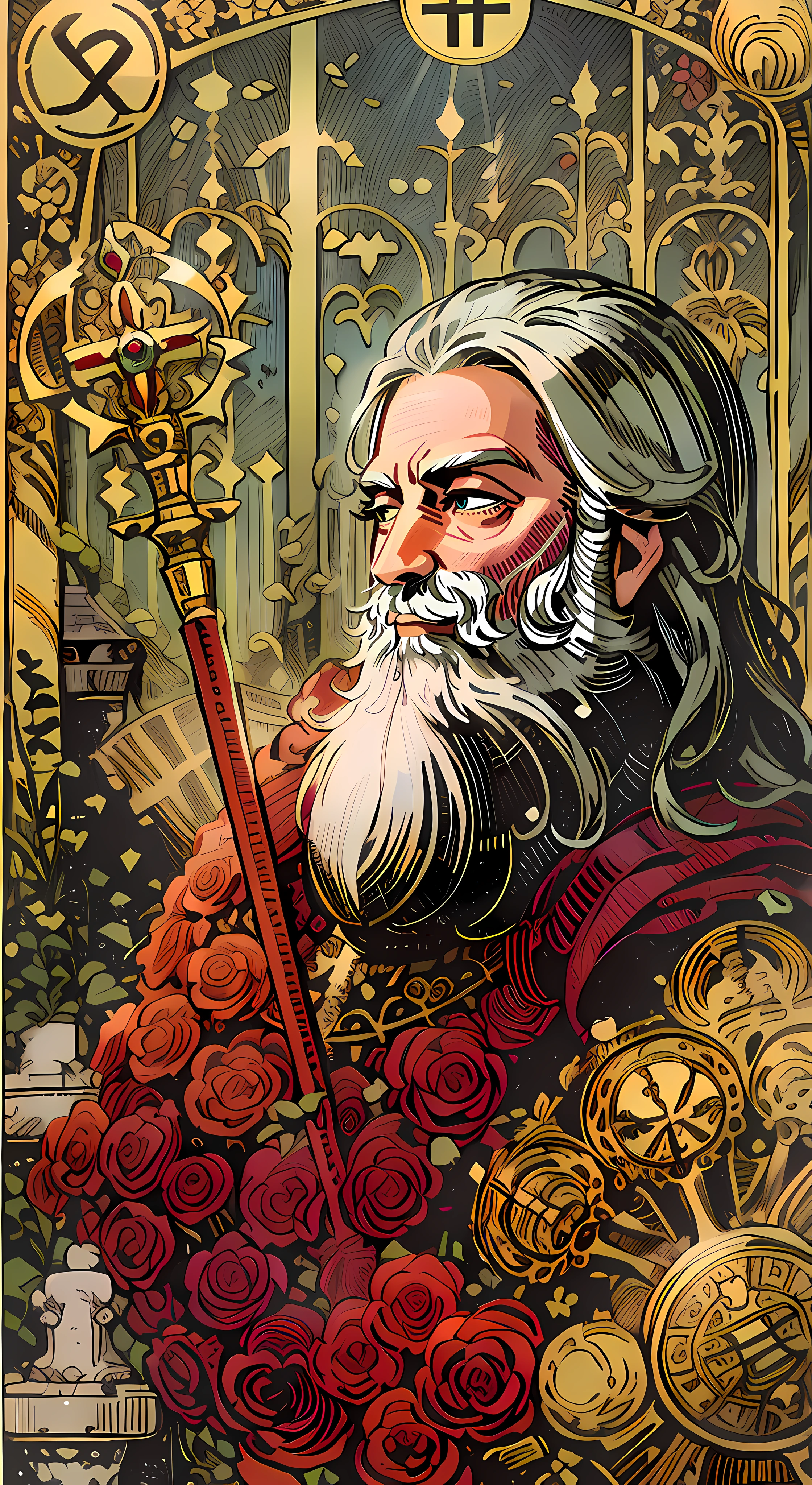 masterpiece,delicate,ultra high res,ultra detailed,highly detailed,intricate detail,beautiful detailed,tarot card, the emperor, man, beard,