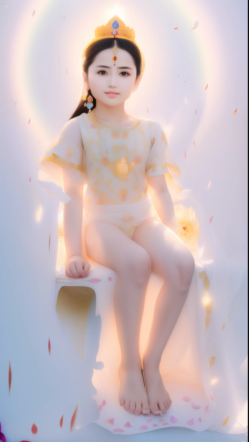 In the void, Little girl sitting leisurely in a garden wonderland，Five-colored cloudy sky，Perfect body posture，Barefoot，Beautiful eyes sparkle，The large, Jewel-like eyes sparkle，Clear pupils have reflected light，二重まぶた，Lying silkworm，（（Plump and rosy lips））Nipples clearly visible，（（Flushed cheeks）），The mandible is plump，Fair skin is delicate and smooth，Delicate skin translucent，A delicate and dexterous crown，inlaid gemstones，Exquisite and ingenious，inlaid gemstones，Sitting on a light red lotus in the air，look straight at the camera，(((nice hand)))，（（（（Good feet））），（（（good legs））），realisticlying，white skinned，（（Correct body structure）），White clothing，decorated in white，baiyun，Blue sky，Head background with round light，Behind him is a colorful rainbow circle，Color glow is turned on，Front lighting，Positive light，No shadows on the face，There are no shadows on the body，Blue sky，Unreal space，ethereal world，dreamworld，with blue sky and white clouds，tmasterpiece，4K，ultra-definition，professional photoshooting，Standard lens shooting，