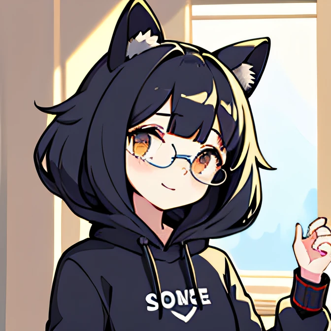 (masterpiece), (best quality), (highly detailed), 1girl, solo, looking at viewer, long sleeves, bangs, smile, hair between bag, indoor, room, black ribbon, black hair, hoodie, upper body, jacket, blush, cat ears, circle glasses, glasses, dim lighting, casual