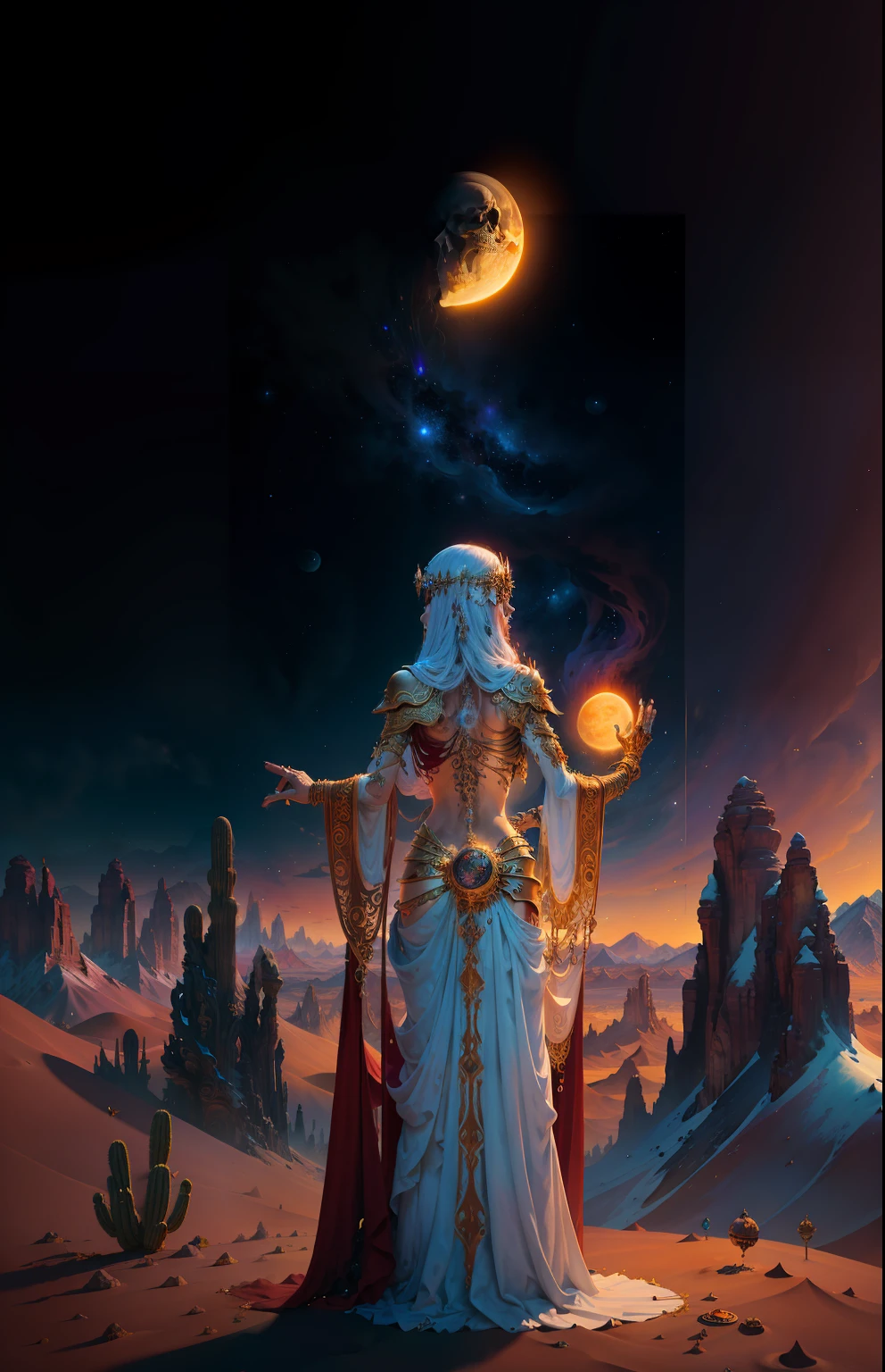 ((best quality)), ((masterpiece)), ((realistic)), A goddess who wears a long crimson robe facing away from the viewer. Behind her back she holds a skeleton arm in her hand. The setting is the high mountain desert, with the safe brush and a clear sky. The theme of the piece is death and rebirth, and the contrast between the divine and the mortal. flowers and birds, around the goddess, the skeleton arm has jewelry, a sun, a moon, and stars, the Mojave Desert, female face, metal carved top, royal aura, trend on artstation , sharp focus, studio photo, intricate detail, very detailed, detailed eye, illustration, very detailed, sharp focus, digital render, professional, 4k