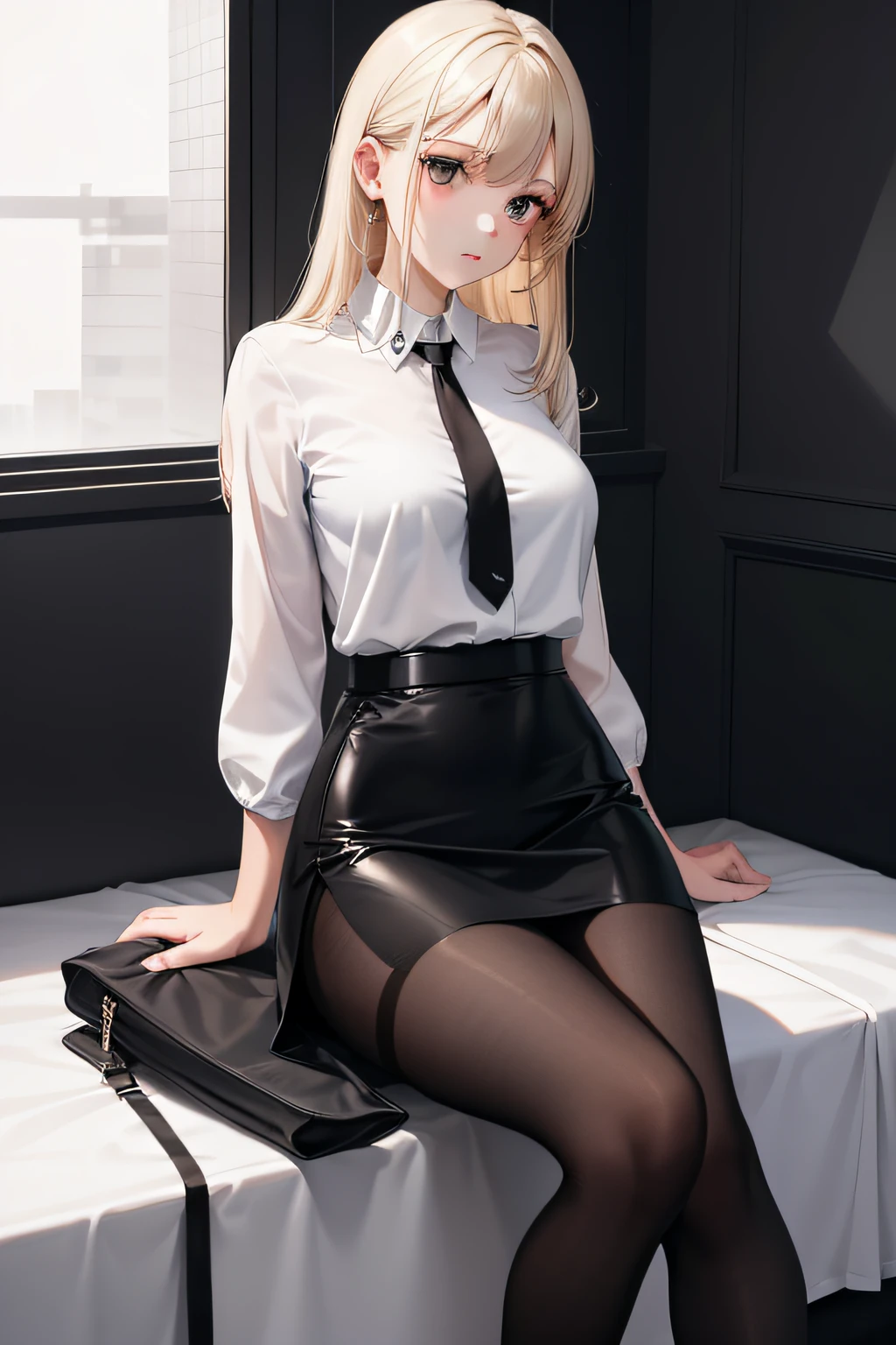 one-girl,In a white blouse shirt,Black skinny skirt with hips,Black pantyhose,black heels,hair over shoulders