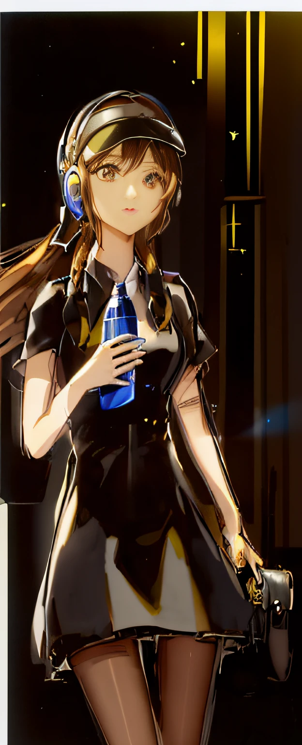 One wore a black dress and a sunhat、Women wearing headphones，Hold mineral water。Beutiful women，Very happy look，beautidful eyes，a black skirt，White hat，Yellow headphones，brown  hair，pony tails，Hair fluttering in the wind。