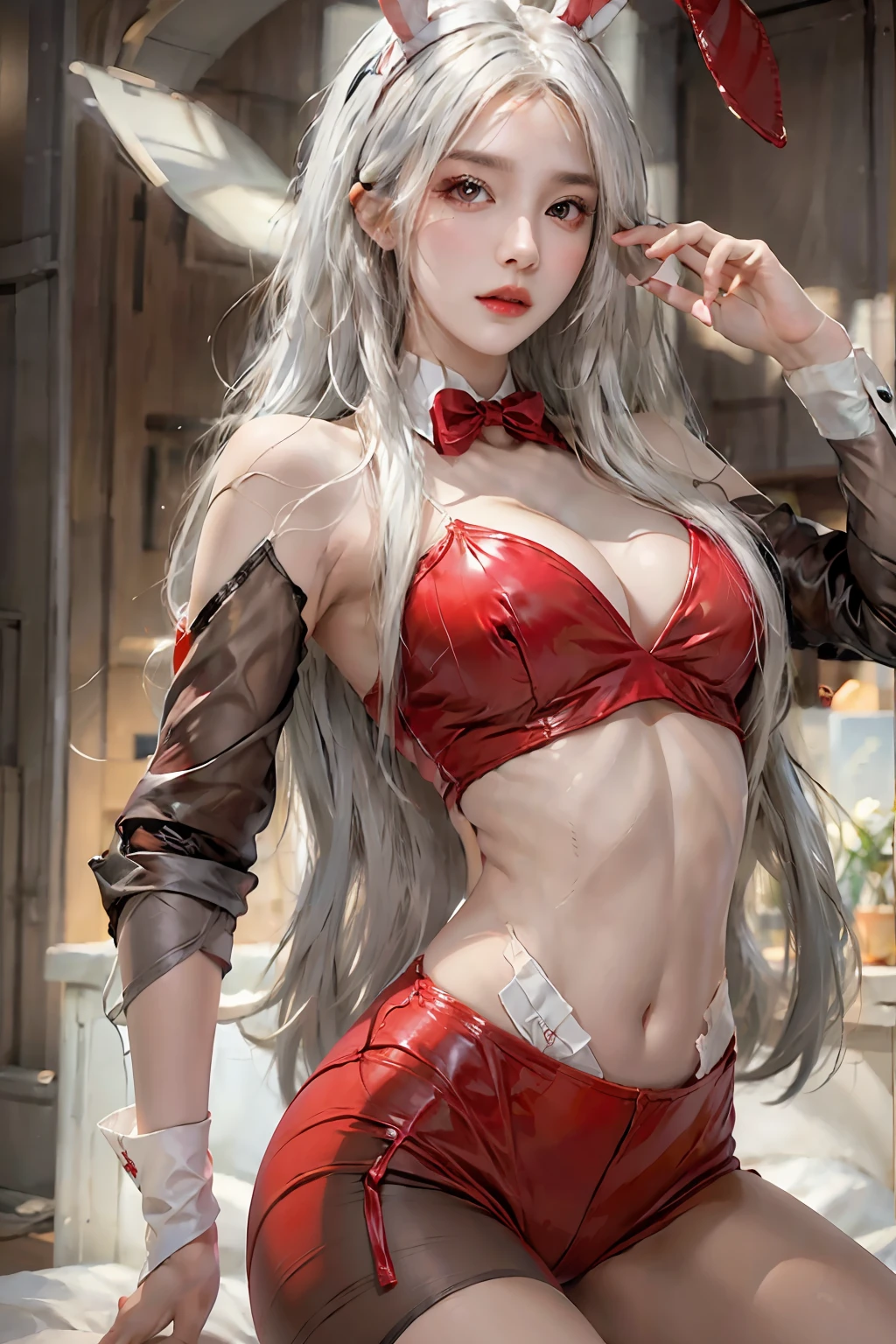 photorealistic, high resolution, 1women, solo, hips up, look at viewer, (detailed face), white hair, long hair, red playboy bunny outfit