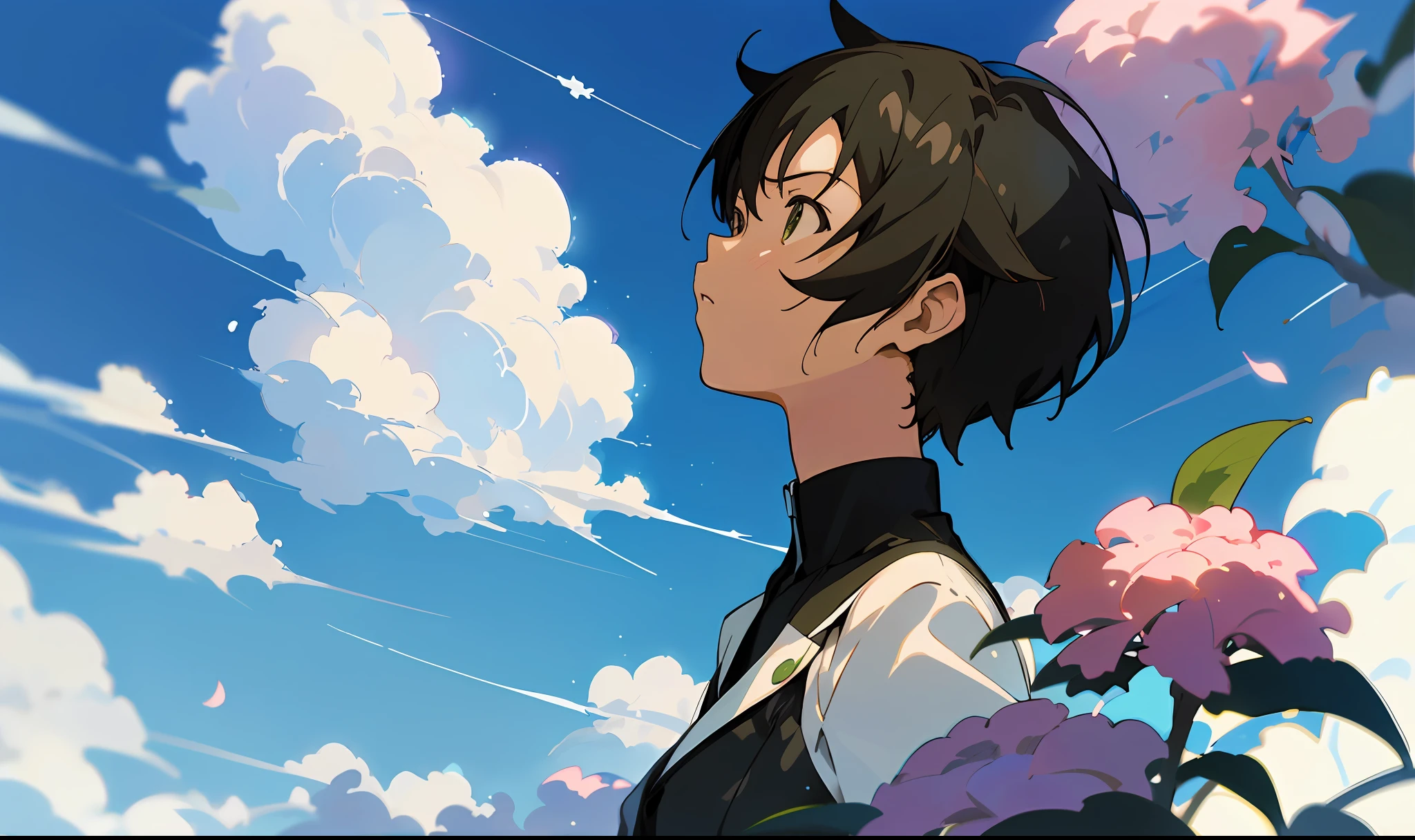 Anime girl looking up at the sky with flowers in the foreground, profile of anime girl, By Shinkai Makoto!, Shinkai Makoto style, ( ( By Shinkai Makoto ) ), in the style of makoto shinkai, makoto shinkai art style, By Shinkai Makoto!!, By Shinkai Makoto. high detailing, By Shinkai Makoto. a digital rendering