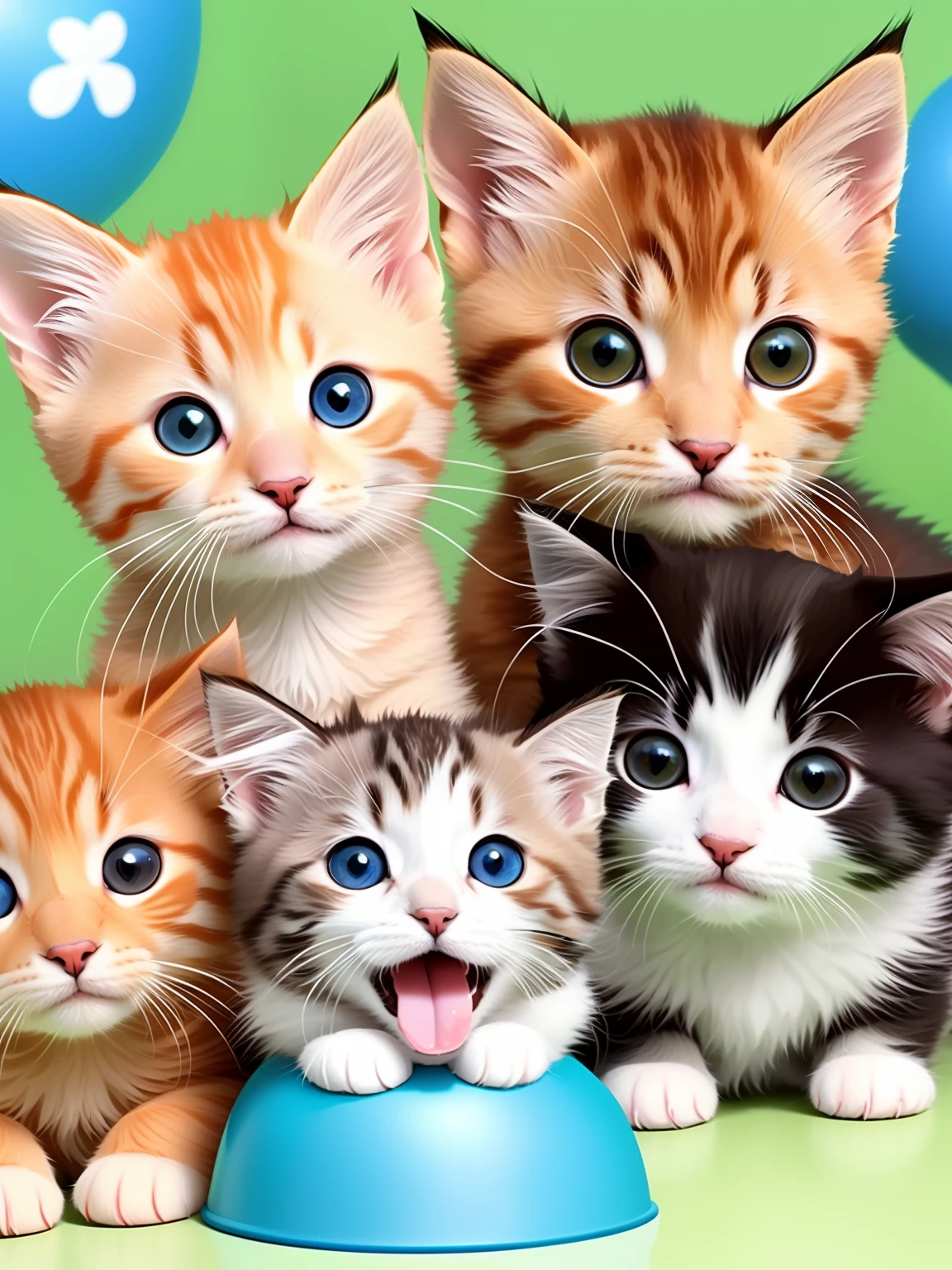 Kittens and puppies are scientists who do experiments in laboratories，This picture is a cartoon version，Kittens and puppies have large faces and heads，And very round eyes。